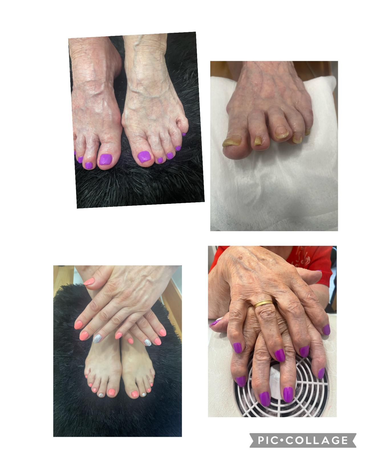 Un collage de cuatro fotografías de pies y manos de una mujer con esmalte de uñas morado.