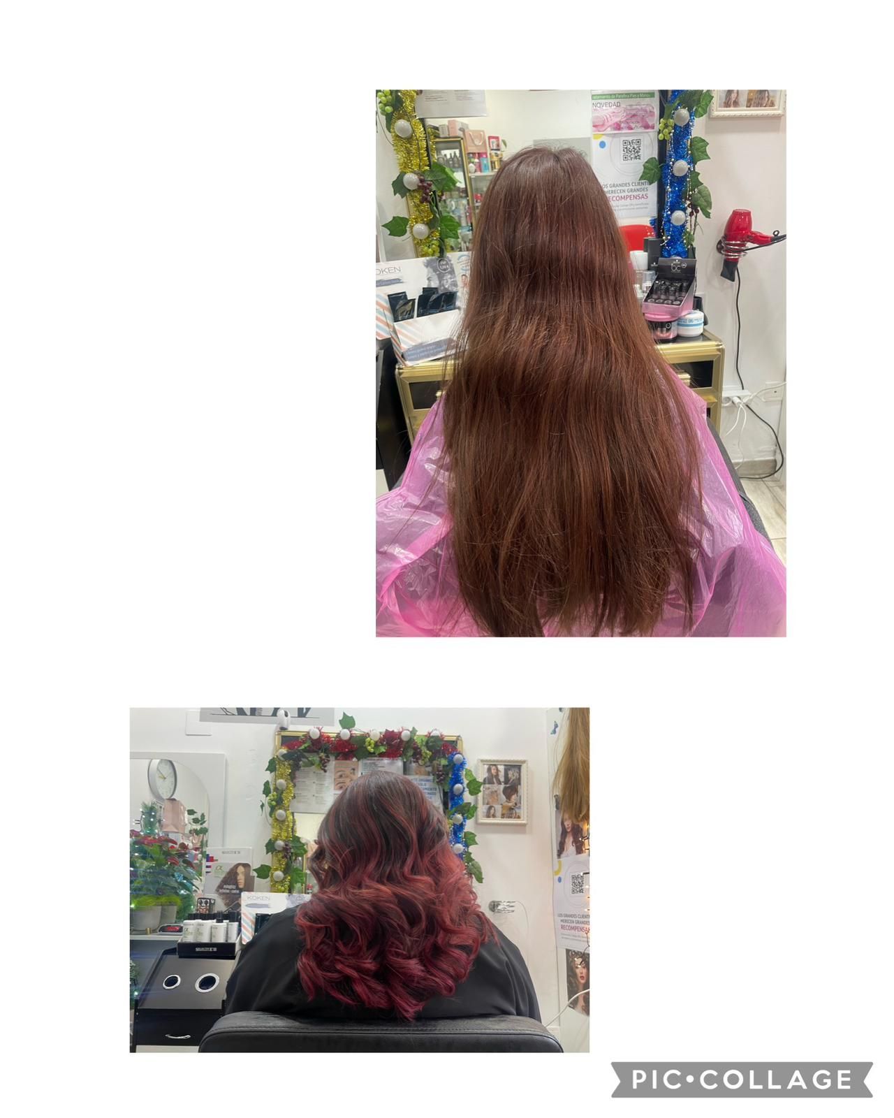 Una mujer con cabello largo y rojo se está cortando el pelo en un salón.