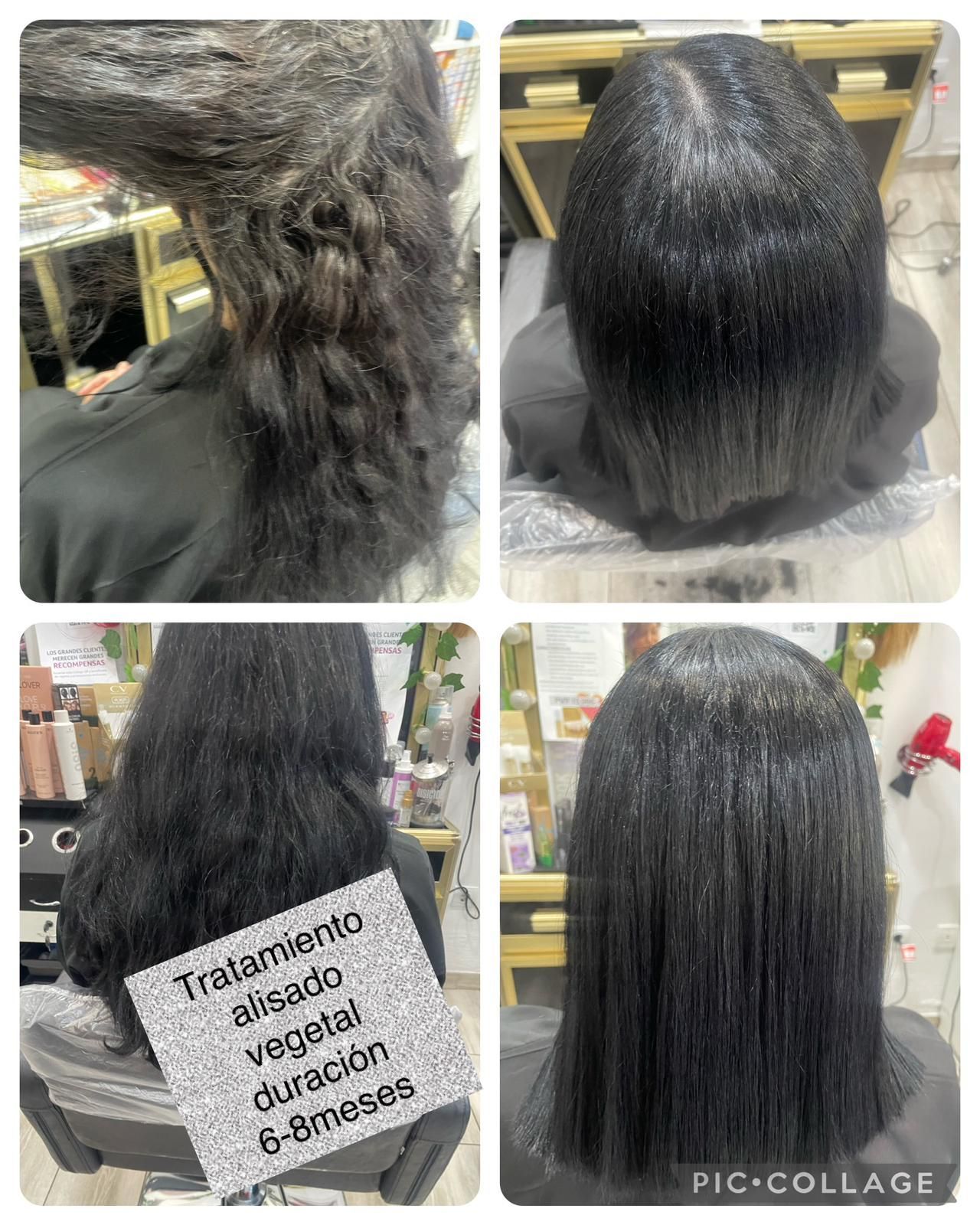 Una mujer se está alisando el cabello en un salón.