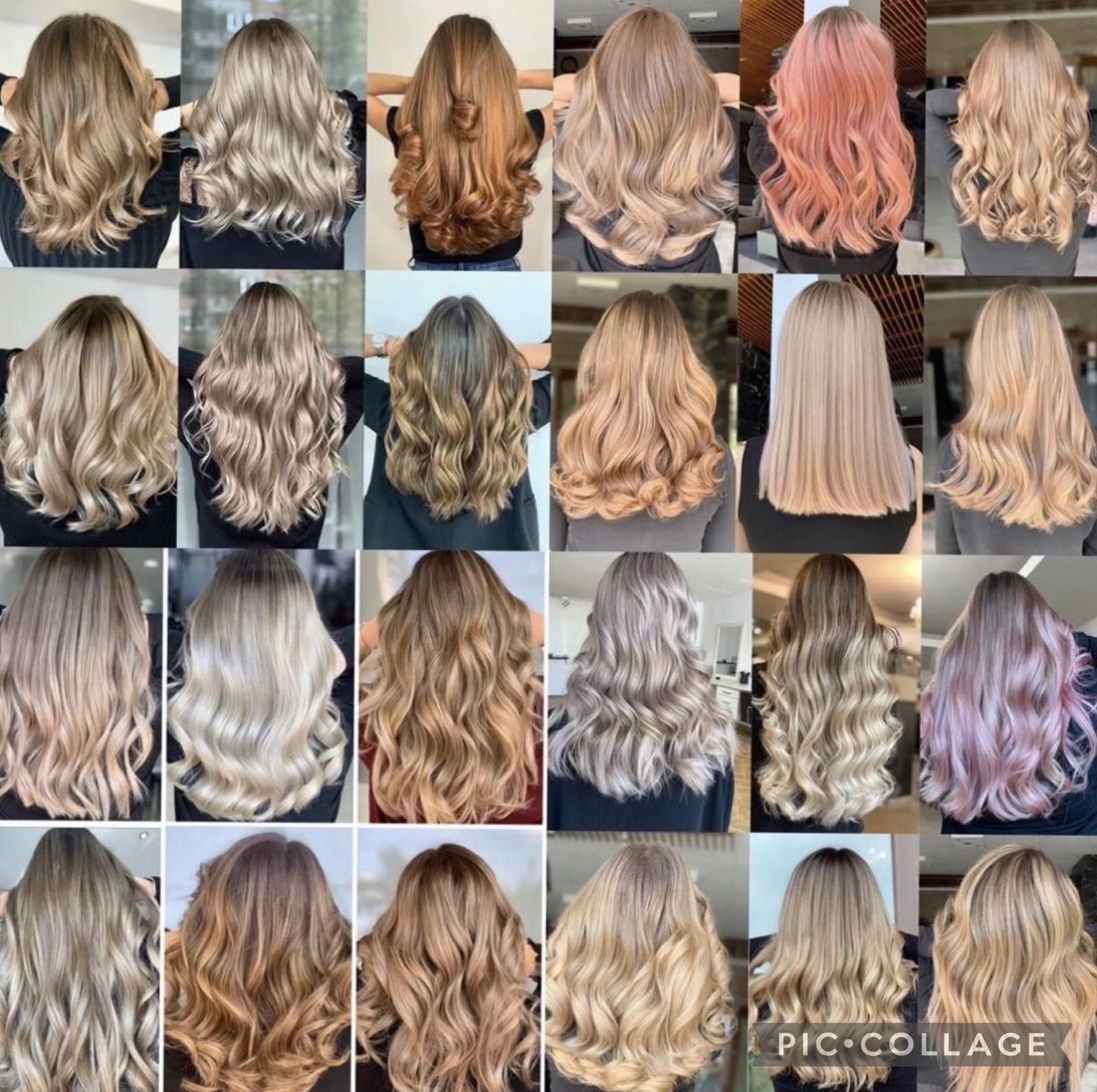 Un collage de imágenes de cabello de mujeres en diferentes colores.