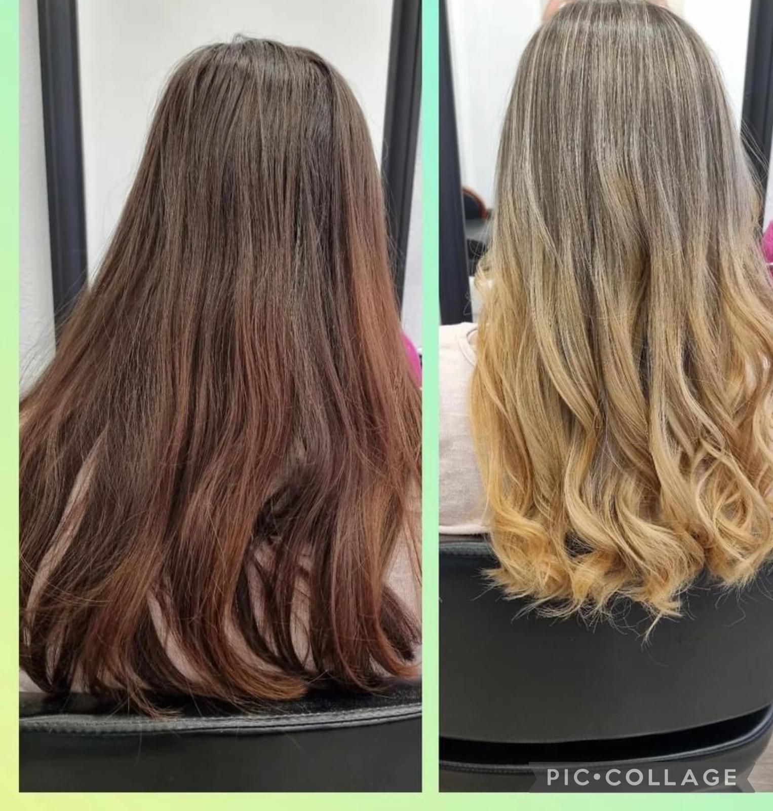 Una foto de antes y después del cabello de una mujer.