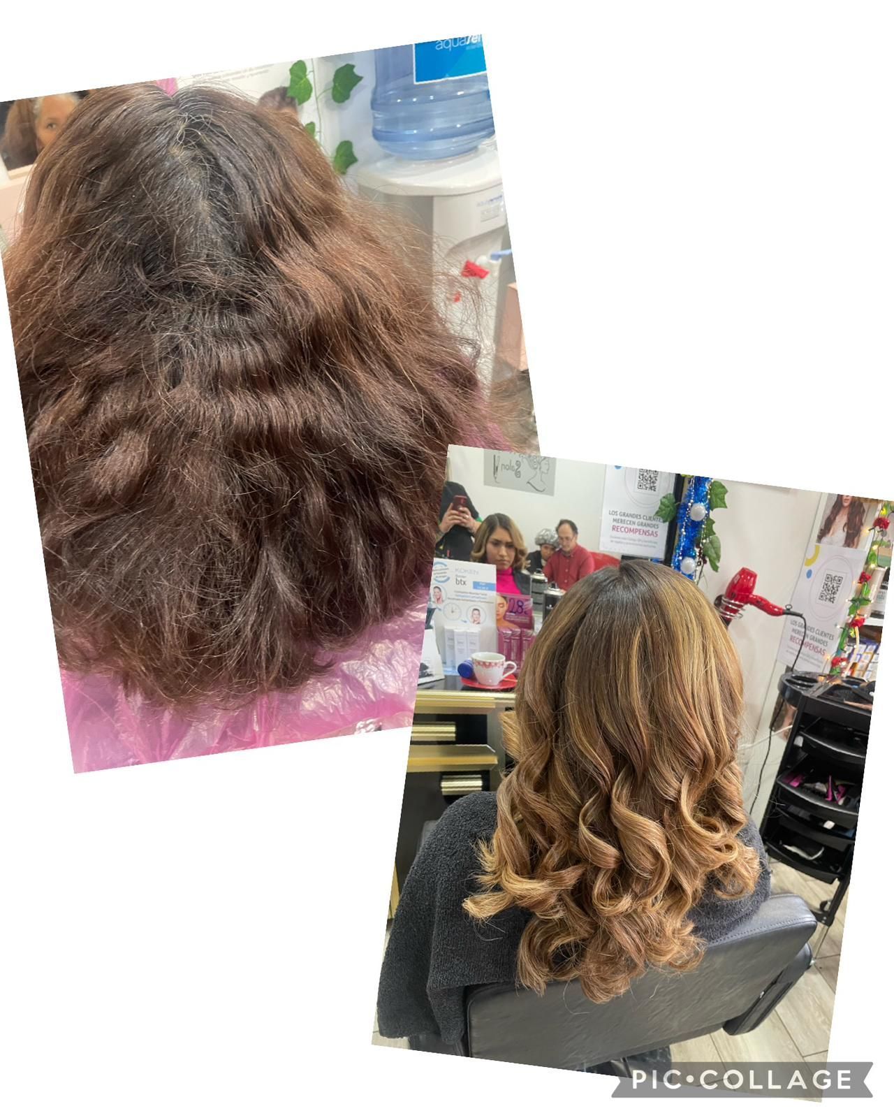 Una fotografía de antes y después del cabello de una mujer en un salón.