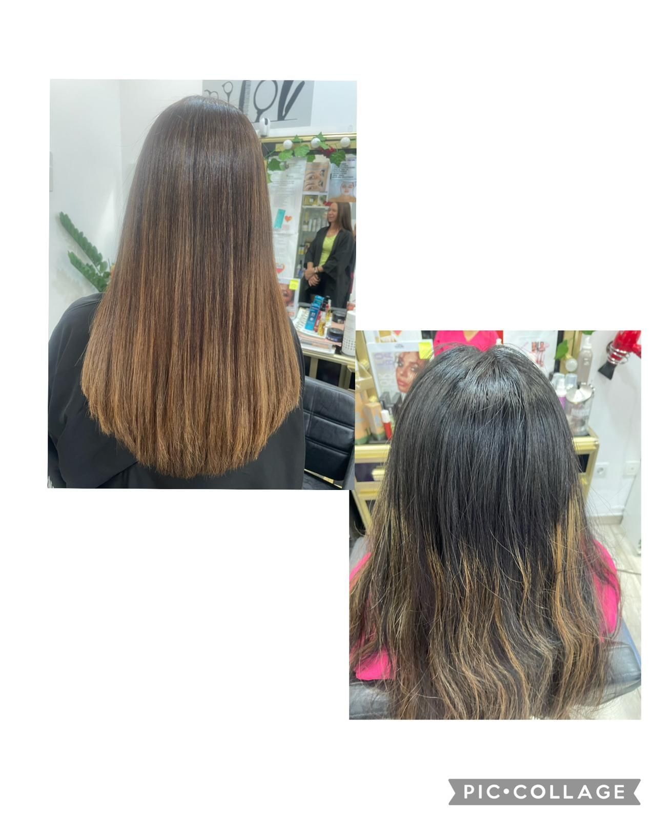 Una fotografía de antes y después del cabello de una mujer en un salón.