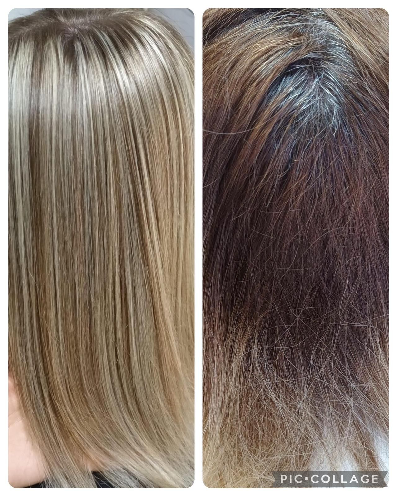 Una fotografía de antes y después del cabello de una mujer.