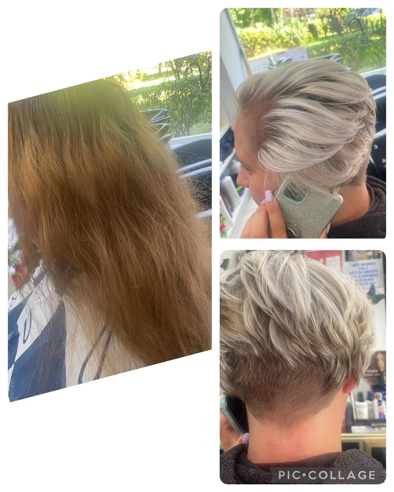 Un collage de tres fotografías del cabello de una mujer antes y después de un corte de pelo.