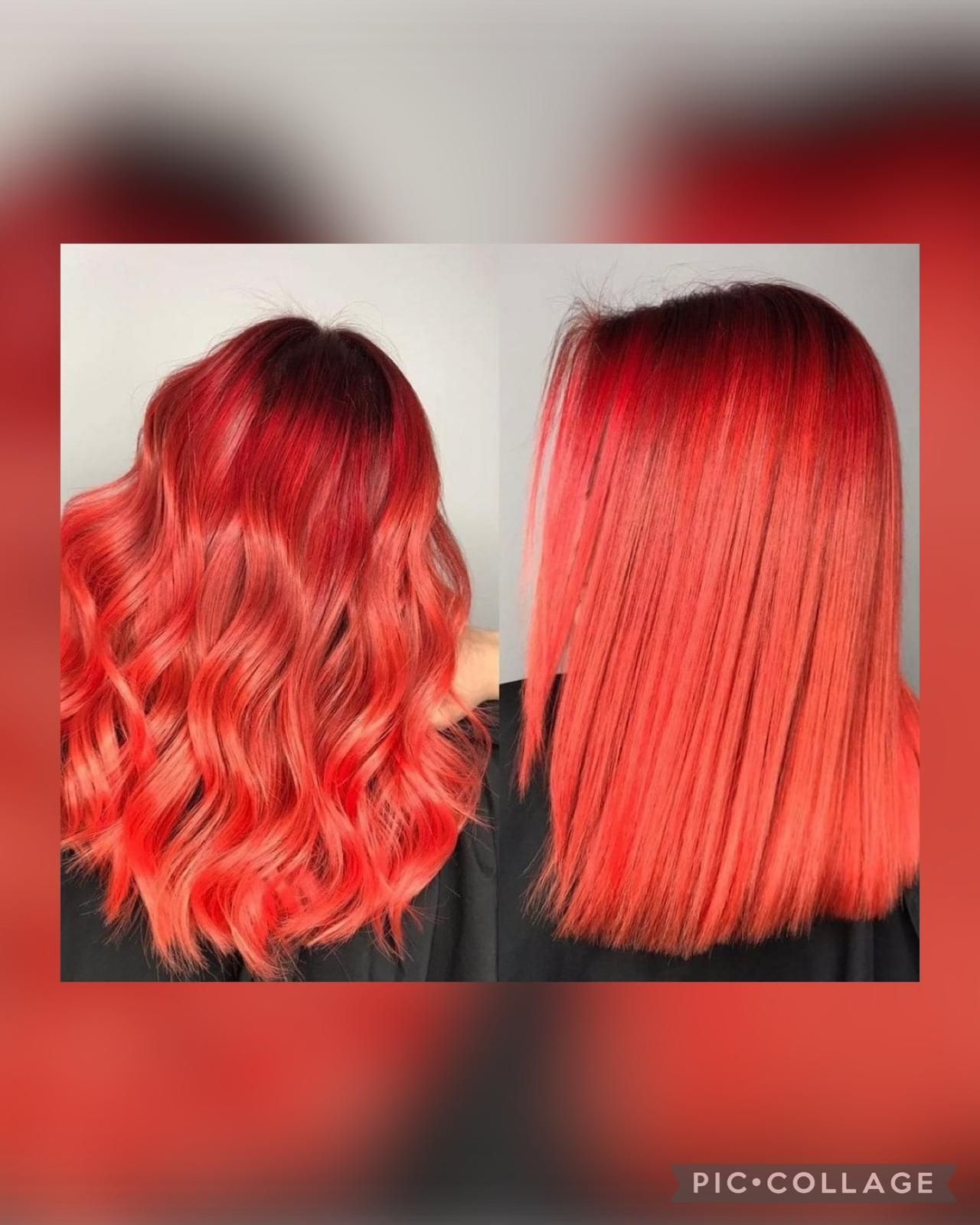 Una foto de antes y después del cabello rojo de una mujer.