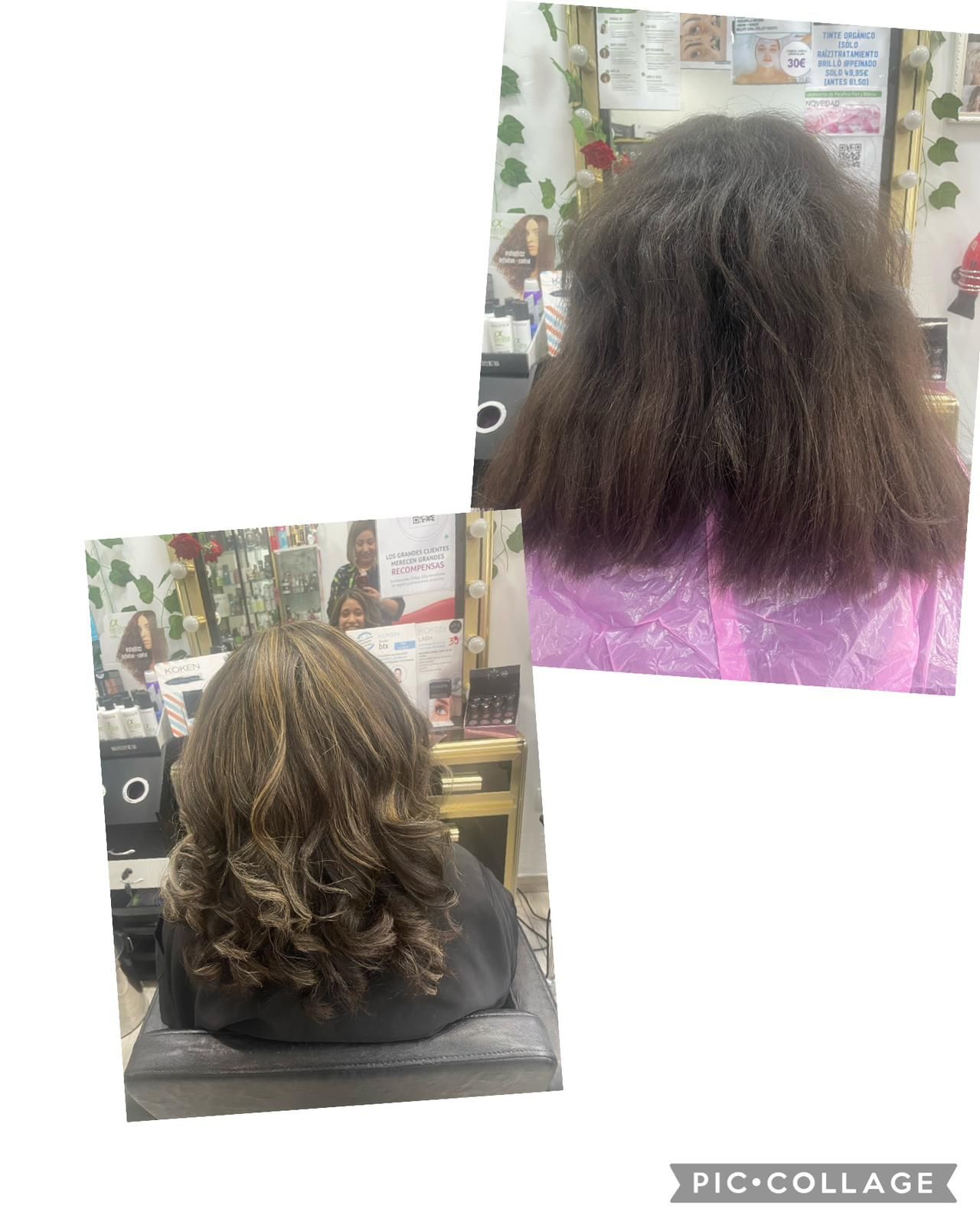 Una fotografía de antes y después del cabello de una mujer en un salón.