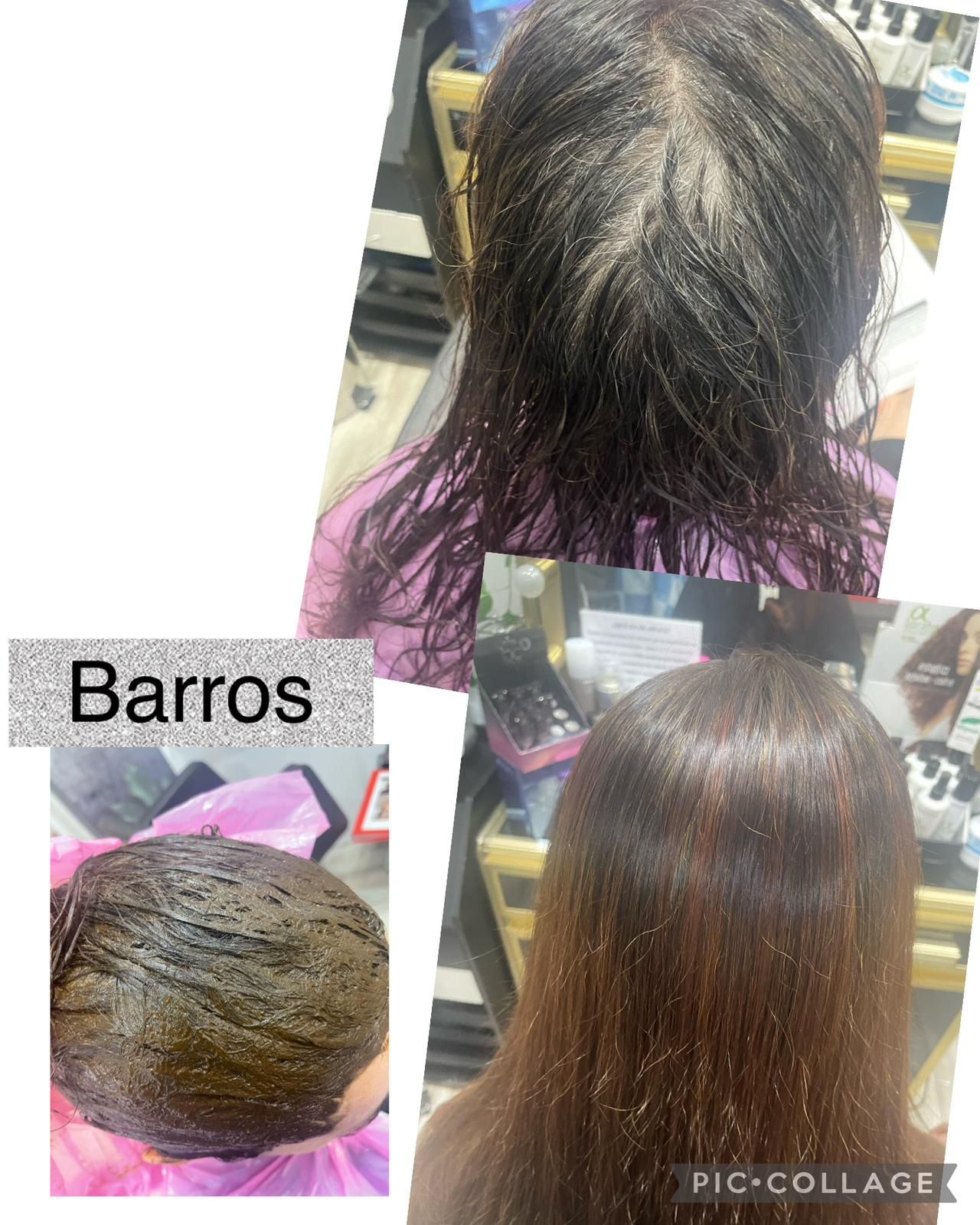 Se muestra el cabello de una mujer antes y después de ser teñido por Barros.