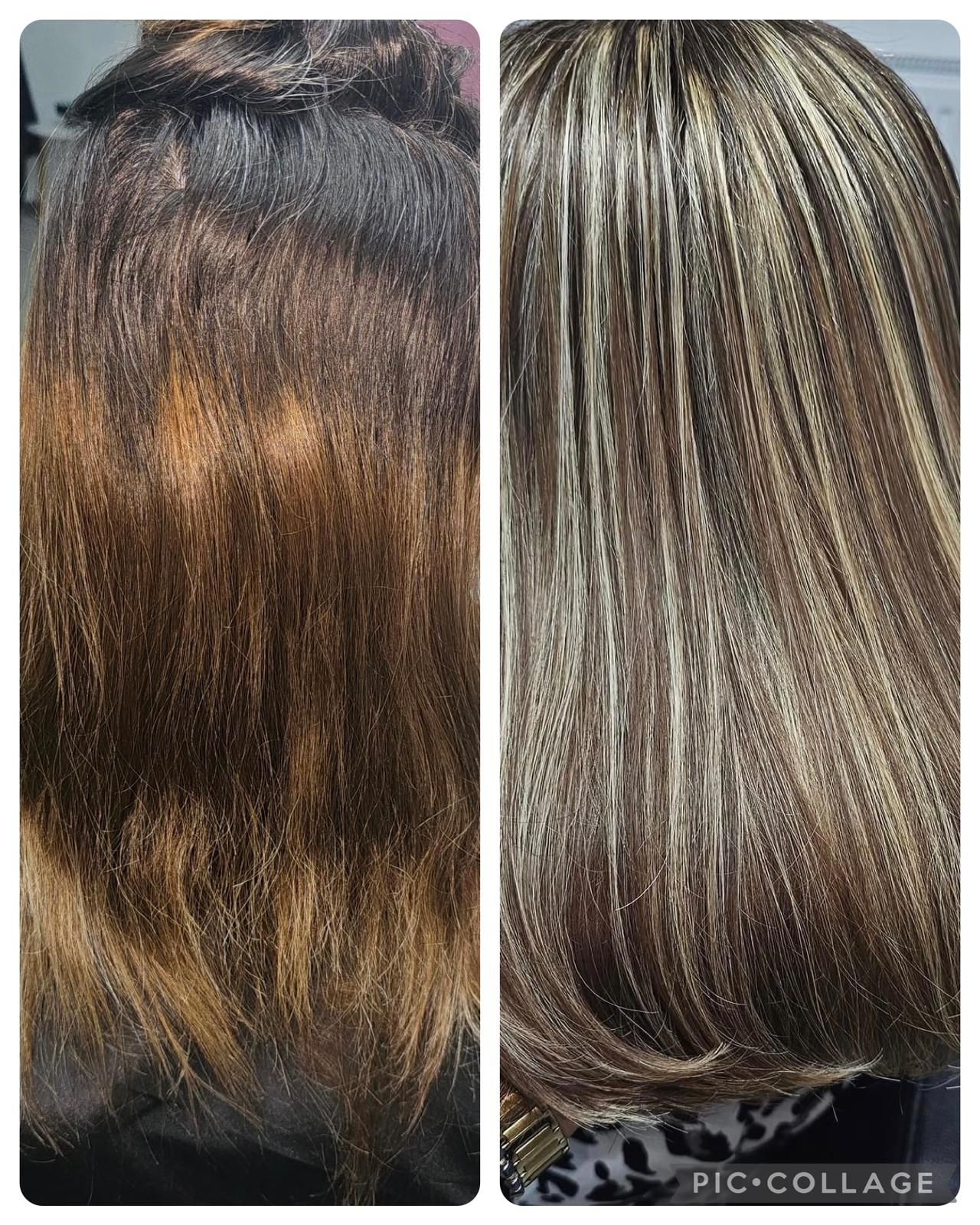 Una foto de antes y después del cabello de una mujer.