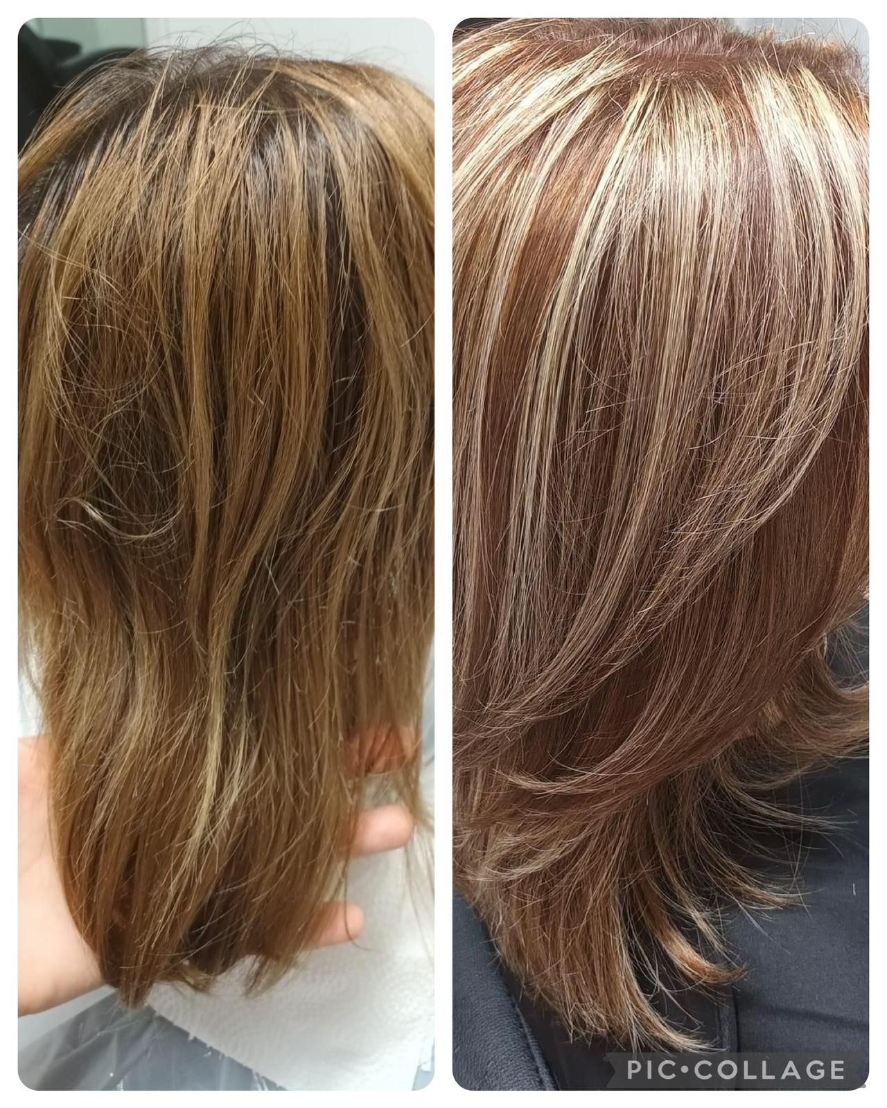 Una foto de antes y después del cabello de una mujer.