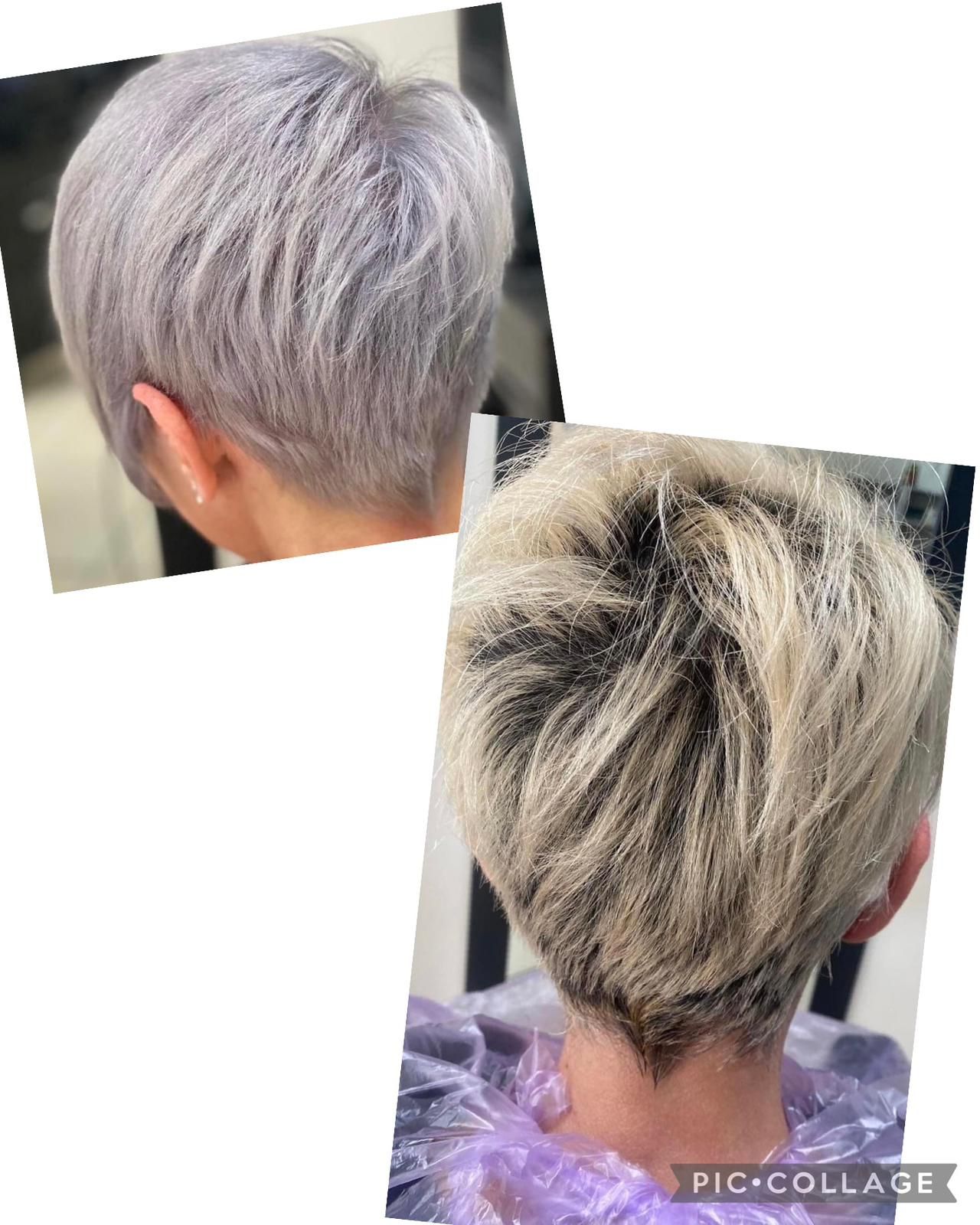 Dos fotografías del cabello de una mujer antes y después de un corte de pelo.