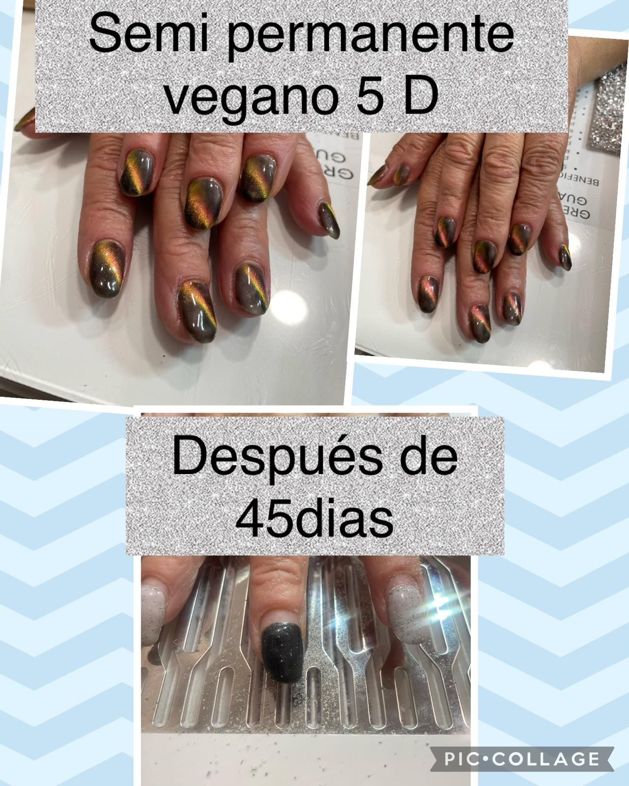 Un collage de tres fotografías de uñas de una mujer con las palabras semi permanente vegano 5 d