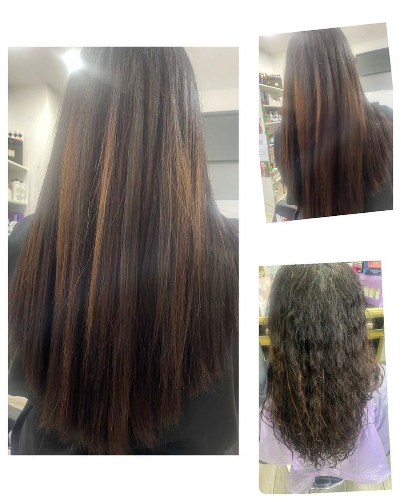 Un collage de tres fotografías del cabello de una mujer antes y después de un corte de pelo.