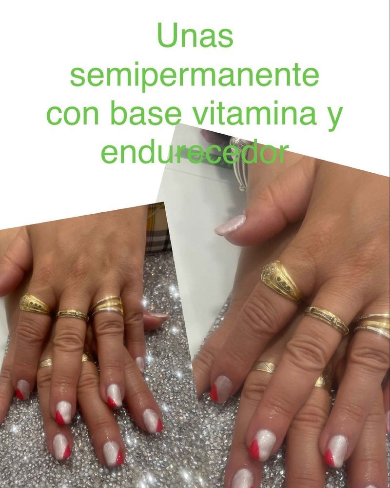 Una foto de las uñas de una mujer con las palabras unas semipermanentes con base de vitamina y endurecedor