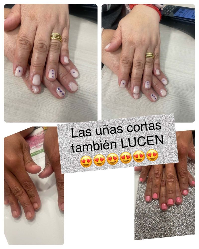 A collage of photos of a woman 's nails with the words las uñas cortas tambien lucen