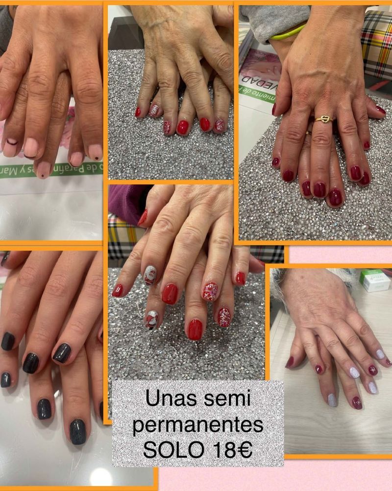 Un collage de fotos de uñas de mujer con la frase unas semi permanentes solo 18 €