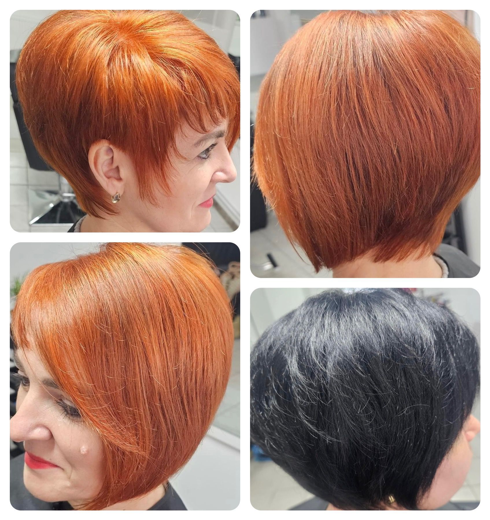 Una mujer con pelo corto rojo y cabello negro.