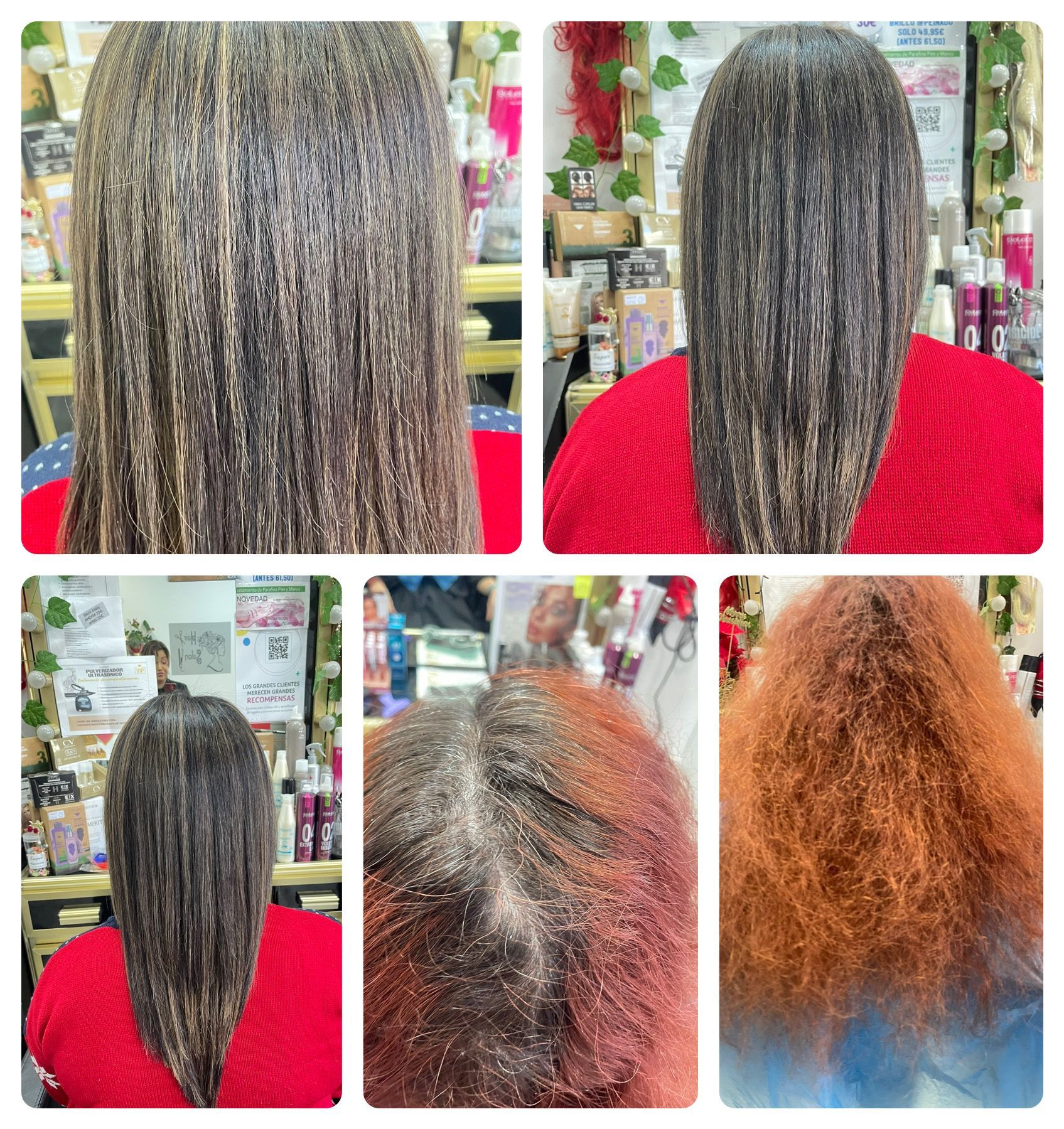 Un collage de fotografías del cabello de una mujer antes y después de un tratamiento.