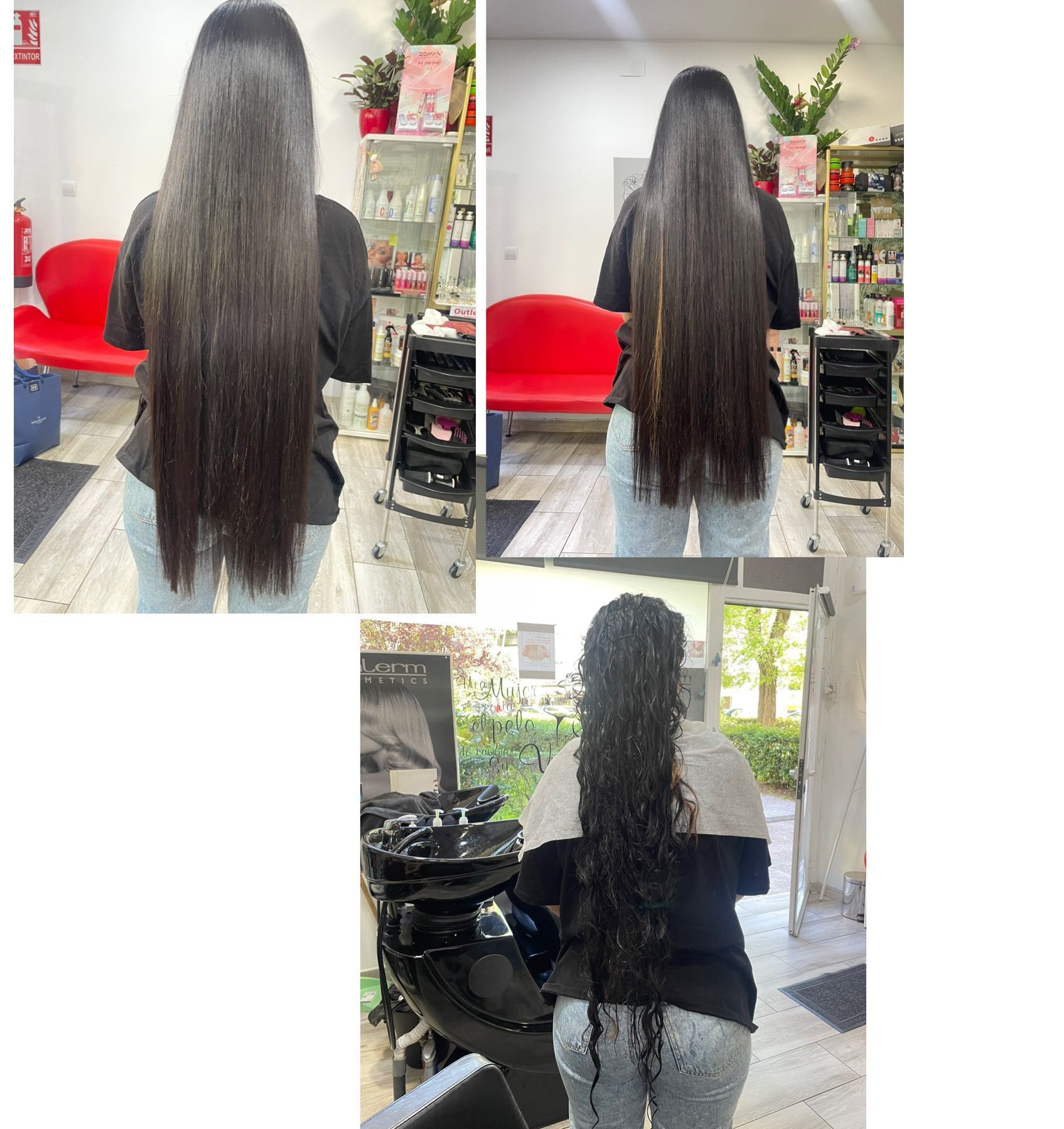 Tres fotografías de una mujer con cabello muy largo.