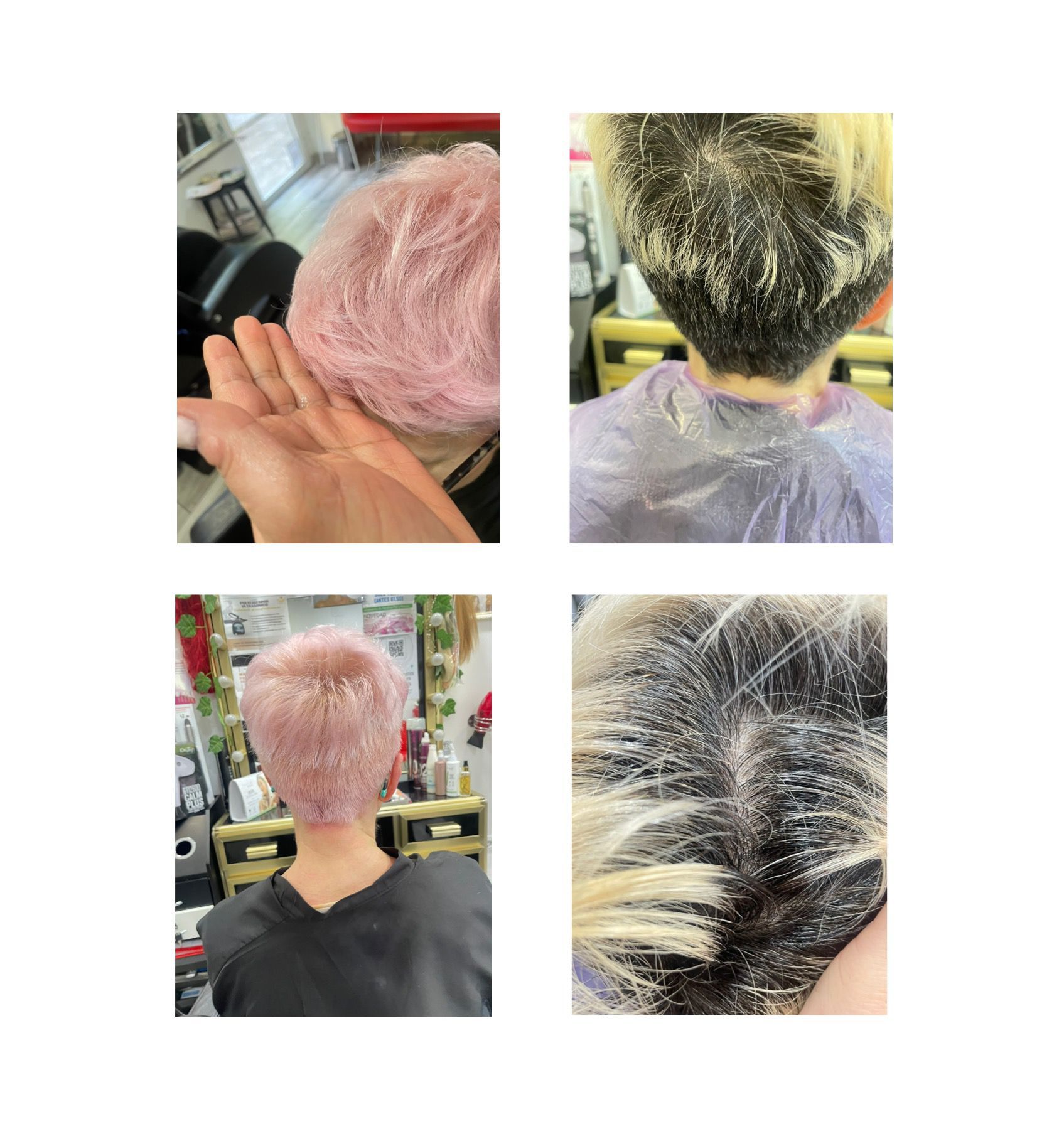 Una mujer con cabello rosa se está cortando el pelo en un salón.