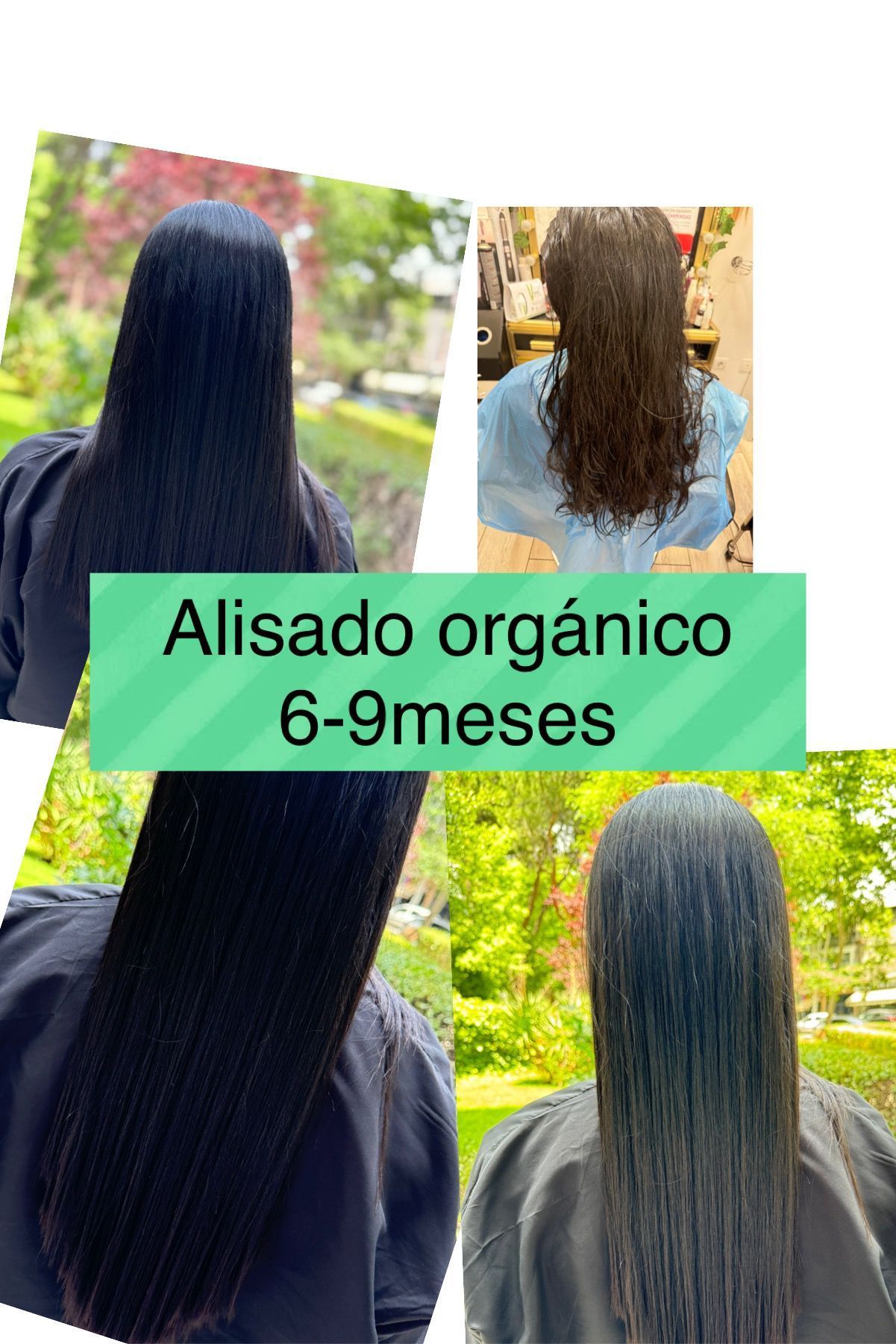 Un collage de fotos del cabello de una mujer con las palabras alisado organico 6 - 9 meses