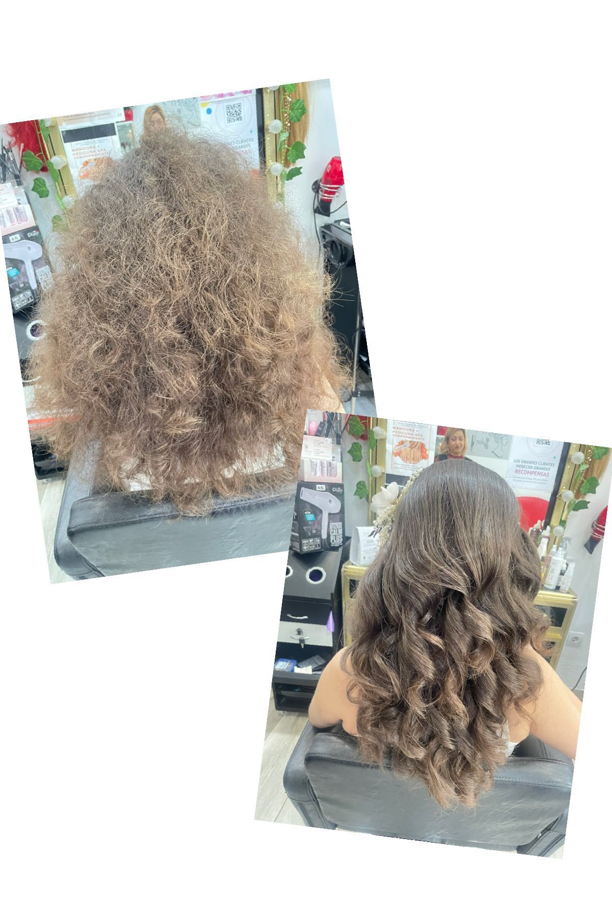 Una fotografía de antes y después del cabello de una mujer en un salón.