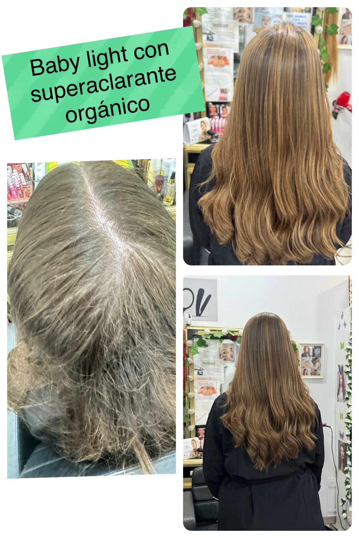 Una mujer con cabello largo está parada frente a un espejo.