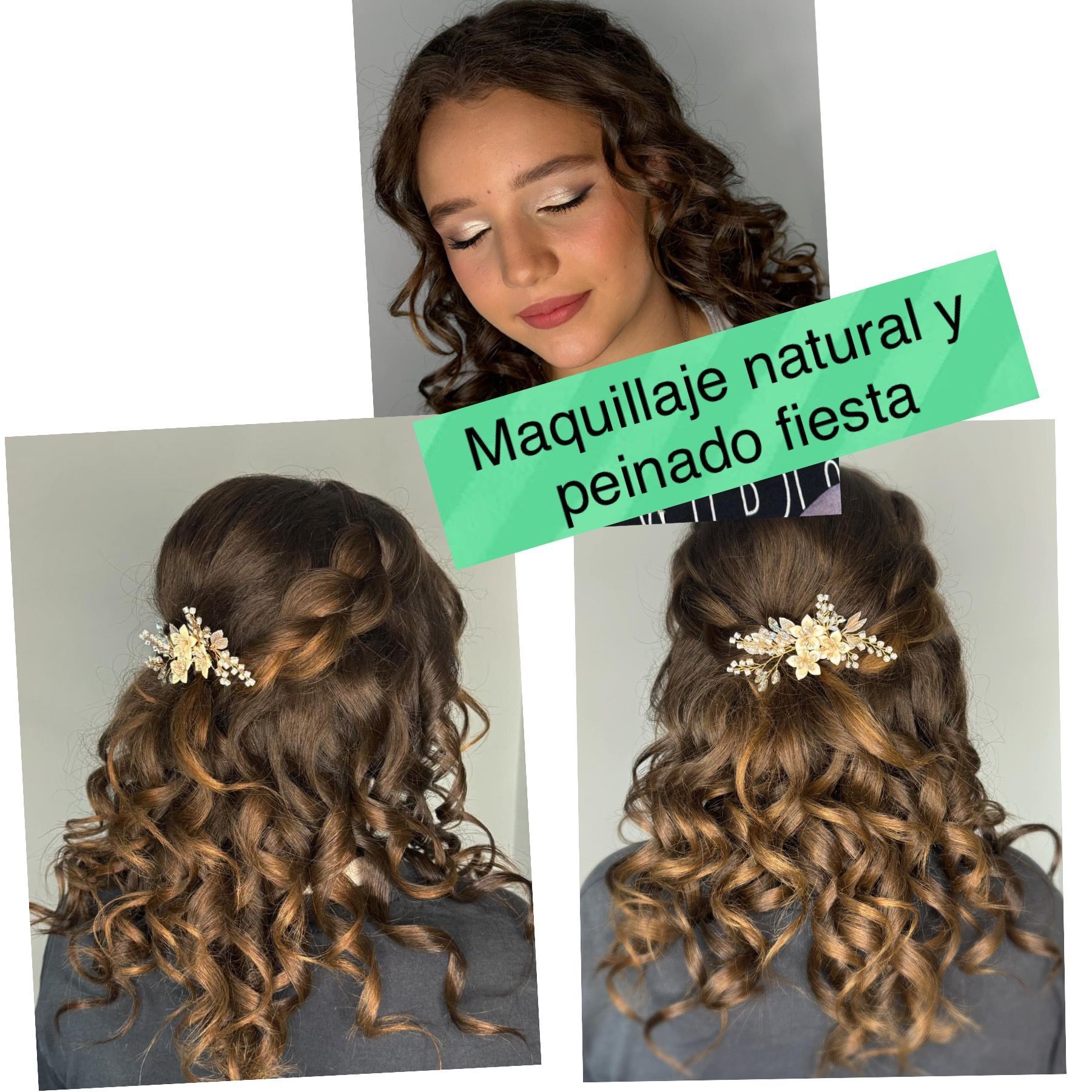 Una mujer con cabello rizado lleva un peinado mitad recogido mitad suelto.