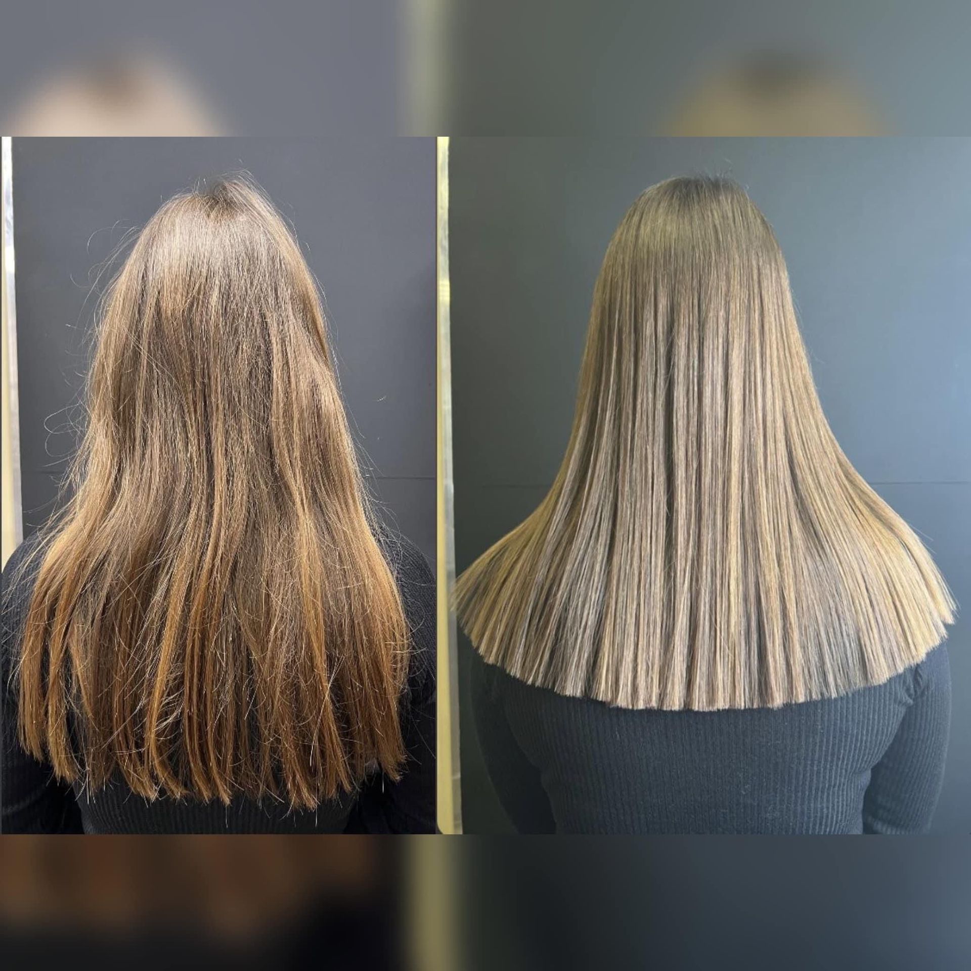 Una foto de antes y después del cabello de una mujer.