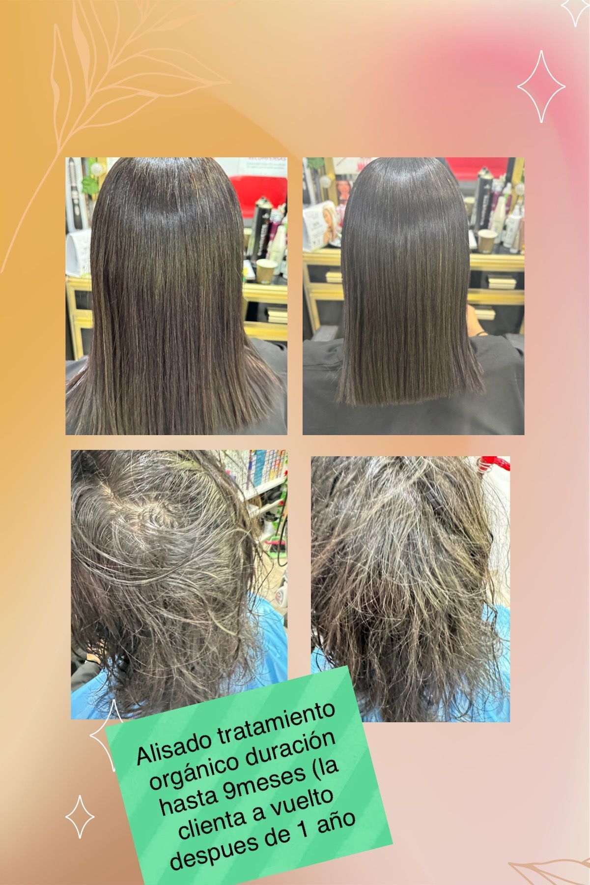 Un collage de cuatro fotografías del cabello de una mujer antes y después de un tratamiento.