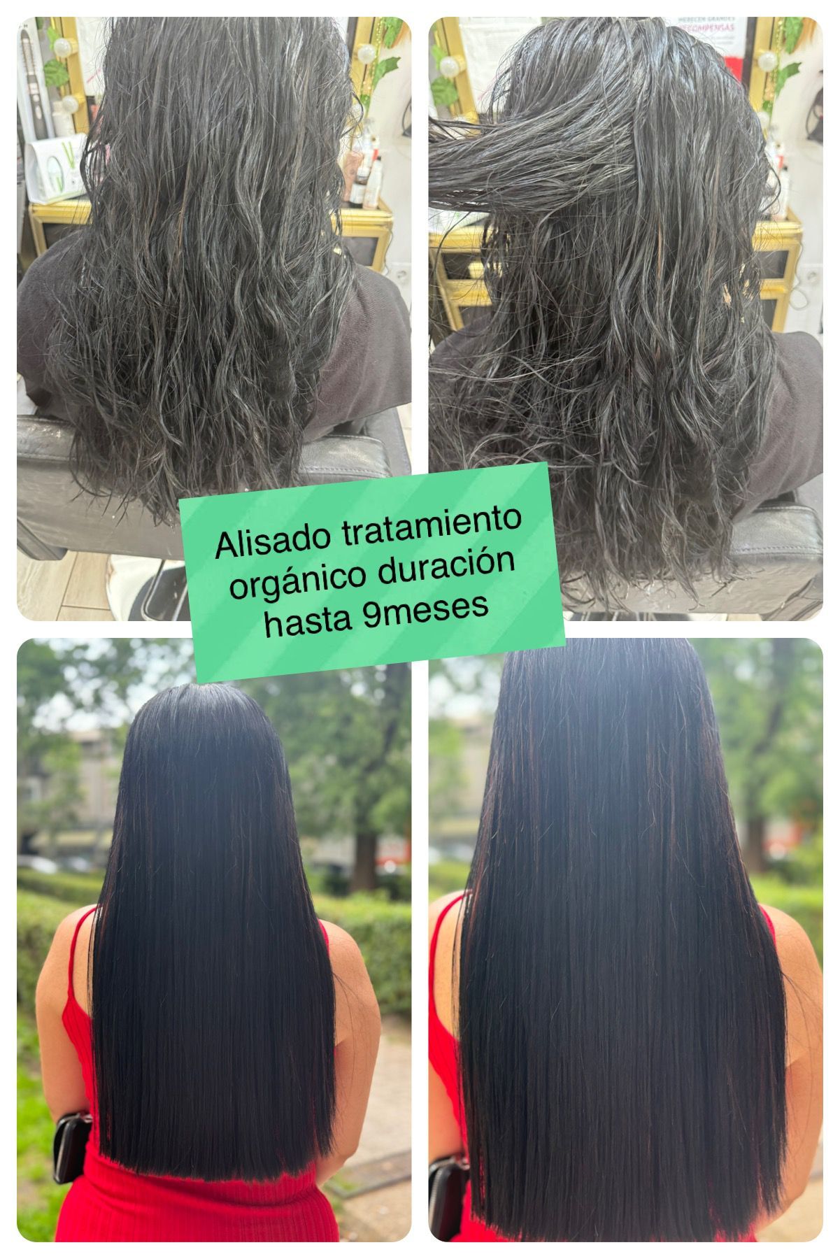 Un collage de cuatro fotografías del cabello de una mujer antes y después de un tratamiento.
