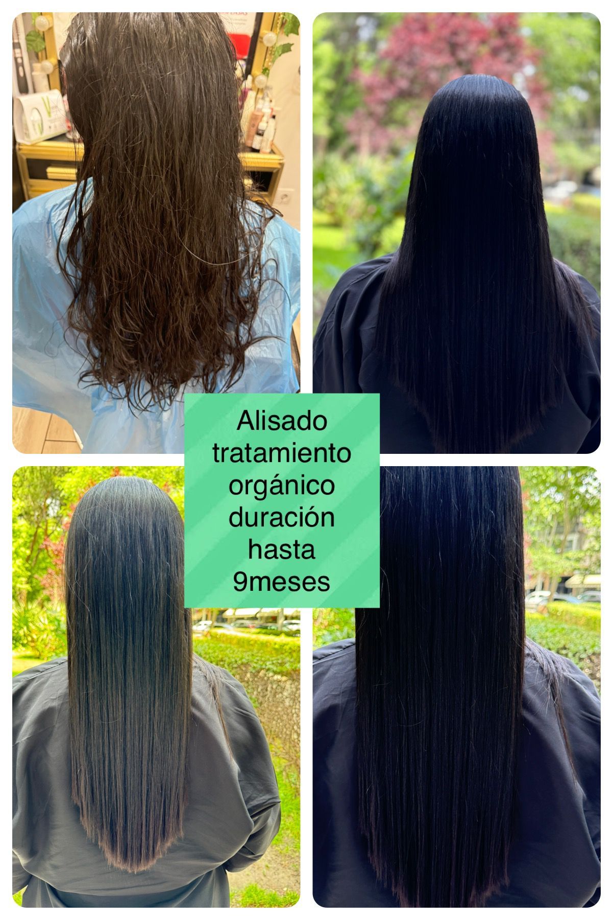 Un collage de cuatro fotografías del cabello de una mujer antes y después de un tratamiento.