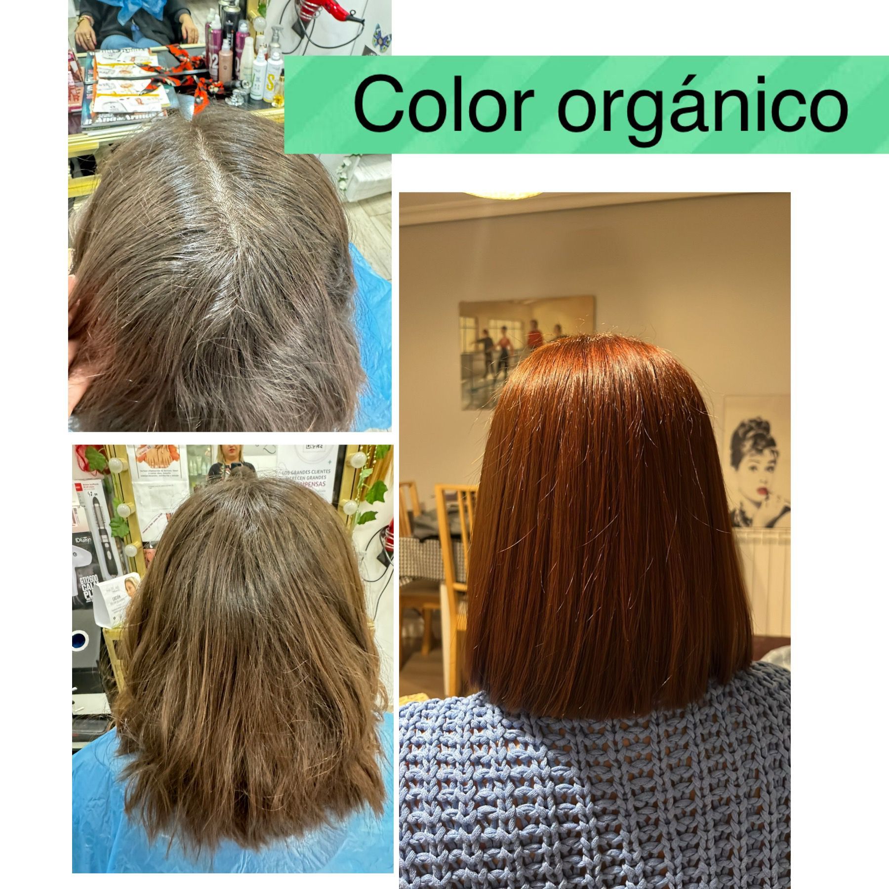 Se muestra el cabello de una mujer antes y después de ser teñido.