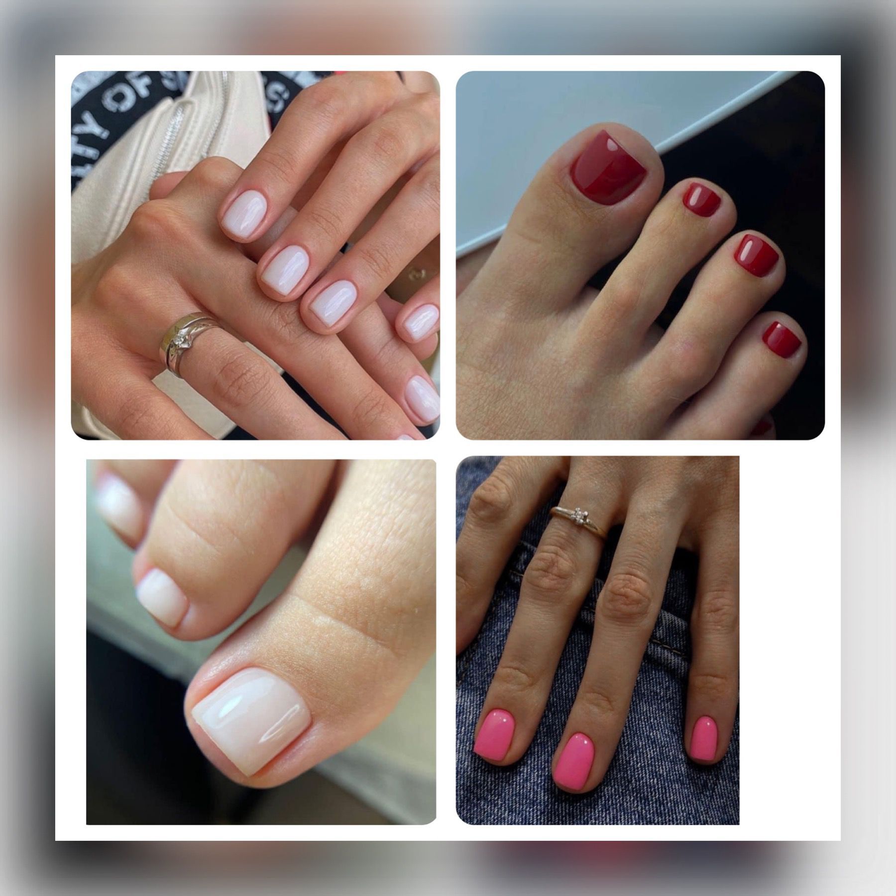 Un collage de cuatro fotografías de manos y pies de una mujer.