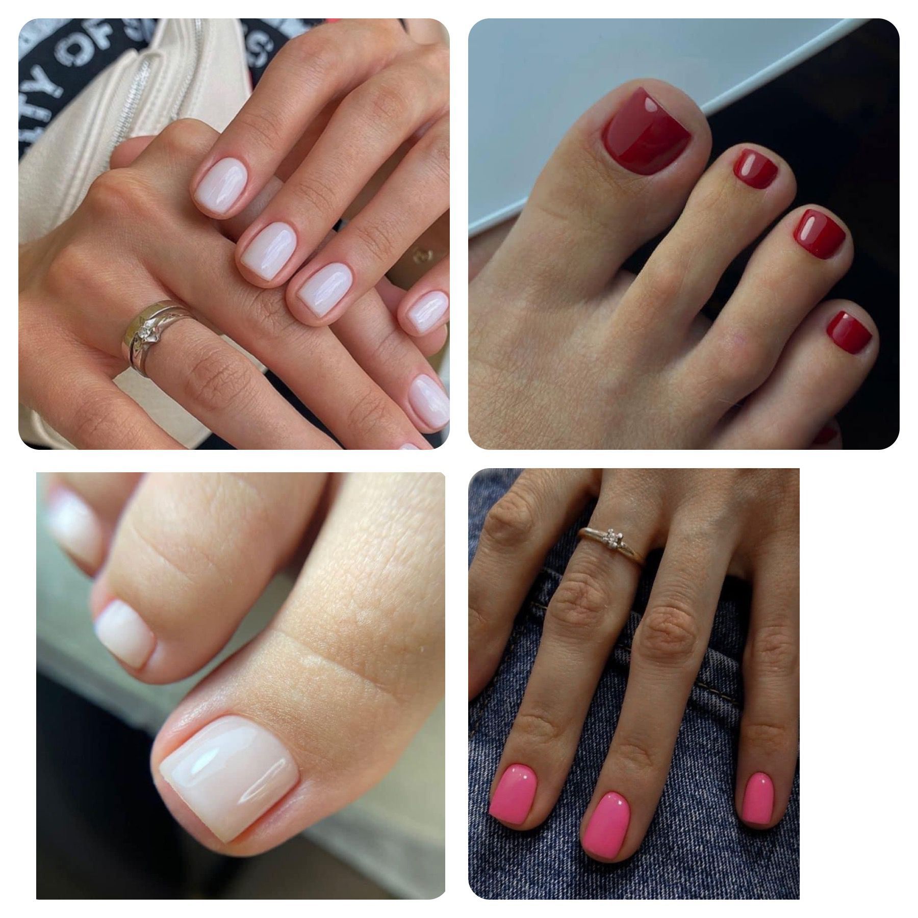 Un collage de cuatro fotografías de uñas y pies de una mujer.