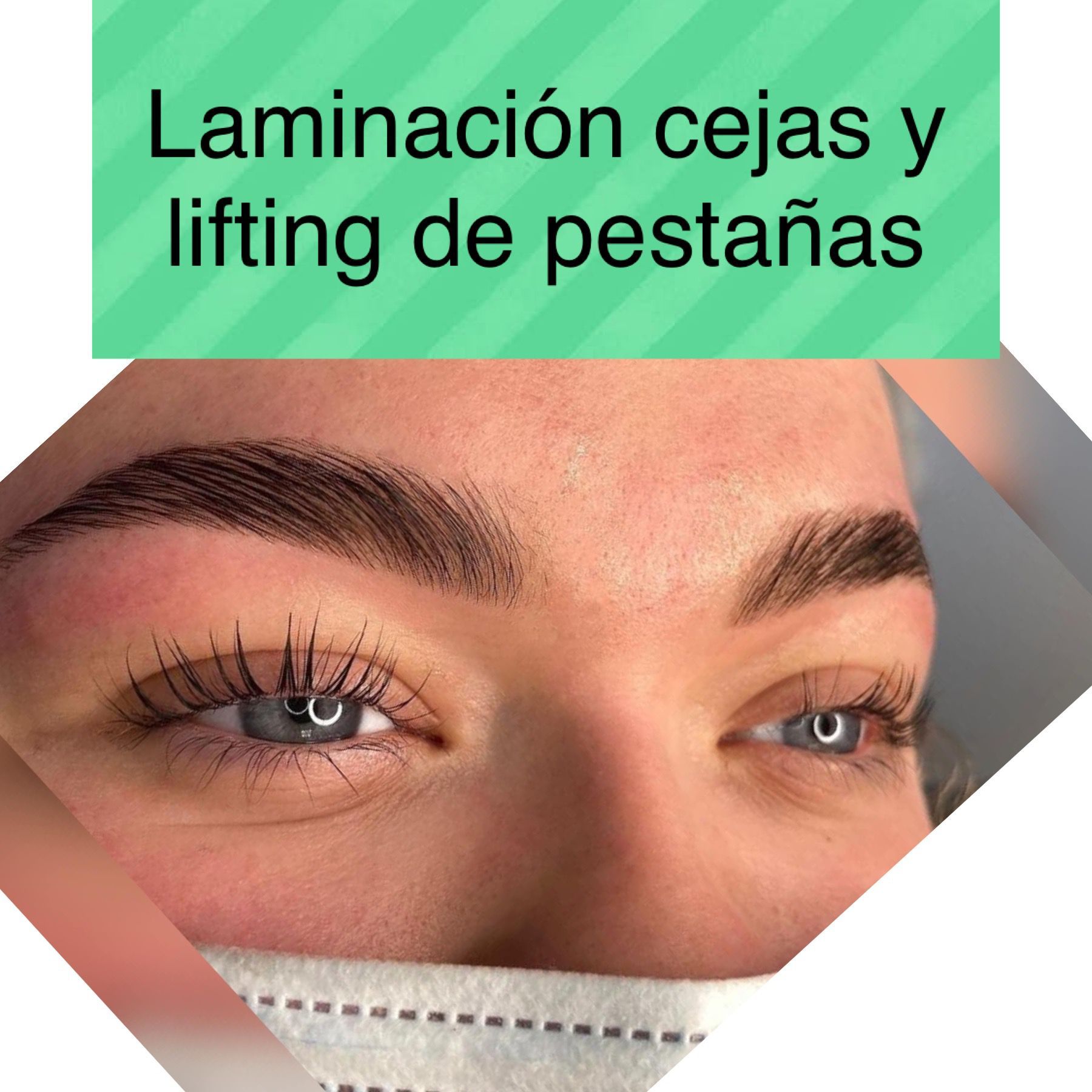 Un primer plano del rostro de una mujer con las palabras laminacion de cejas y levantamiento de pestañas encima.