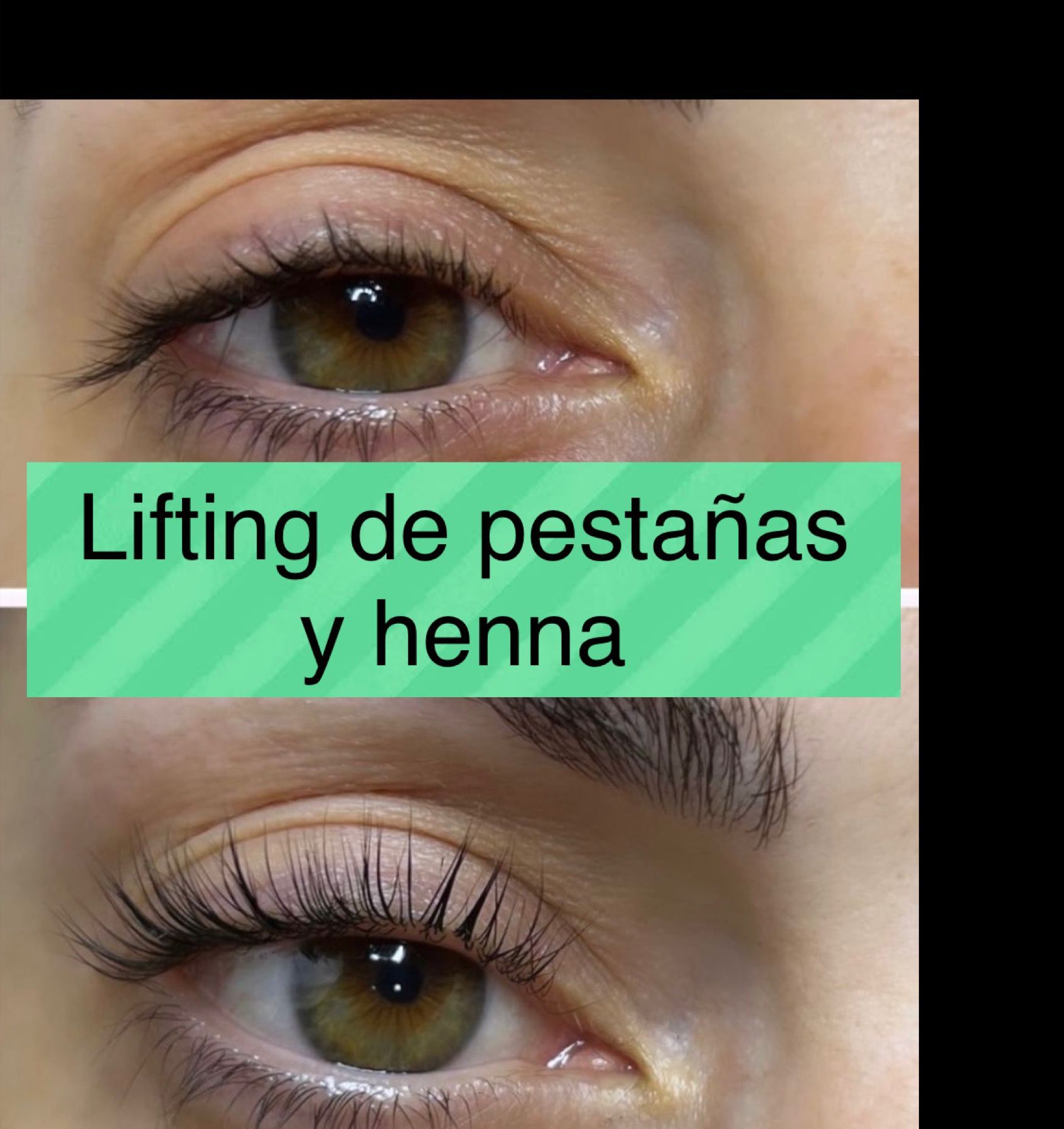 Los ojos de una mujer antes y después del lifting de pestañas y henna
