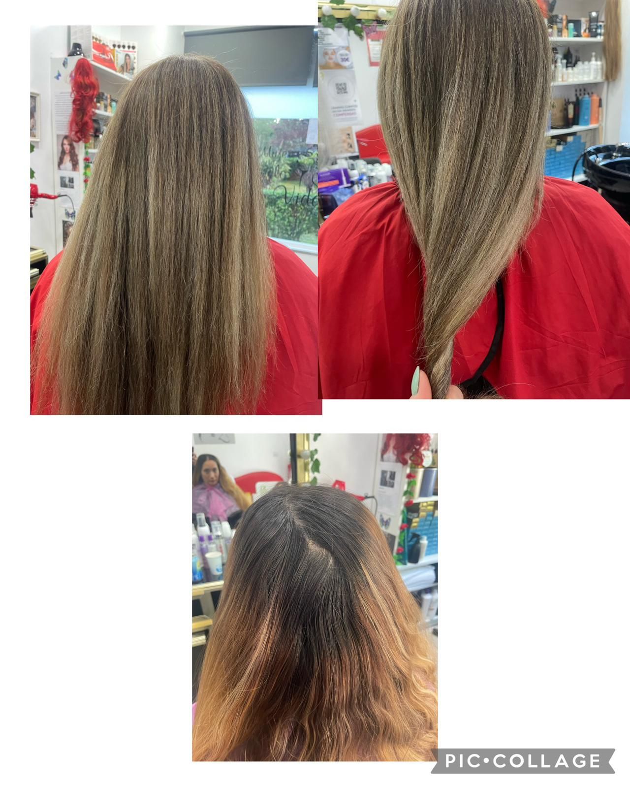 Un collage de tres fotografías del cabello de una mujer antes y después de un corte de pelo.