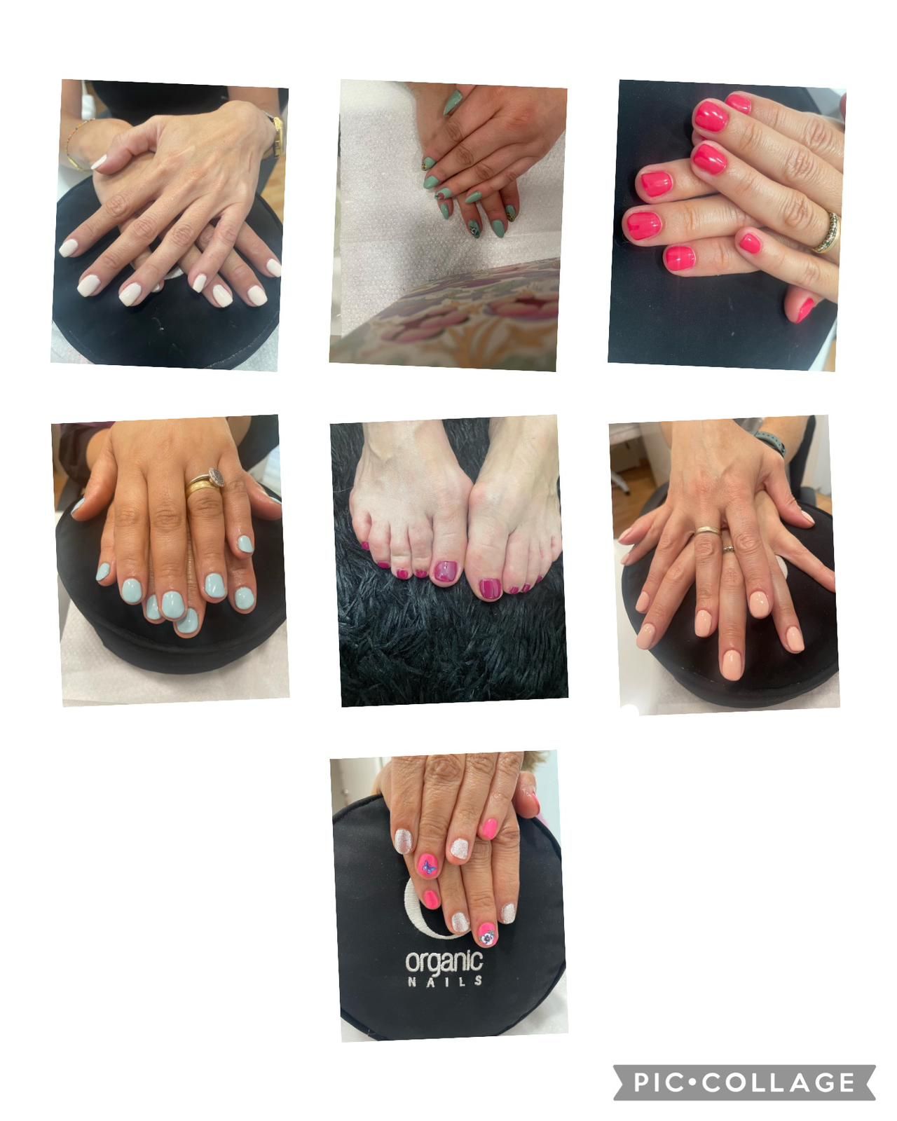 Un collage de fotografías de uñas y pies de una mujer.