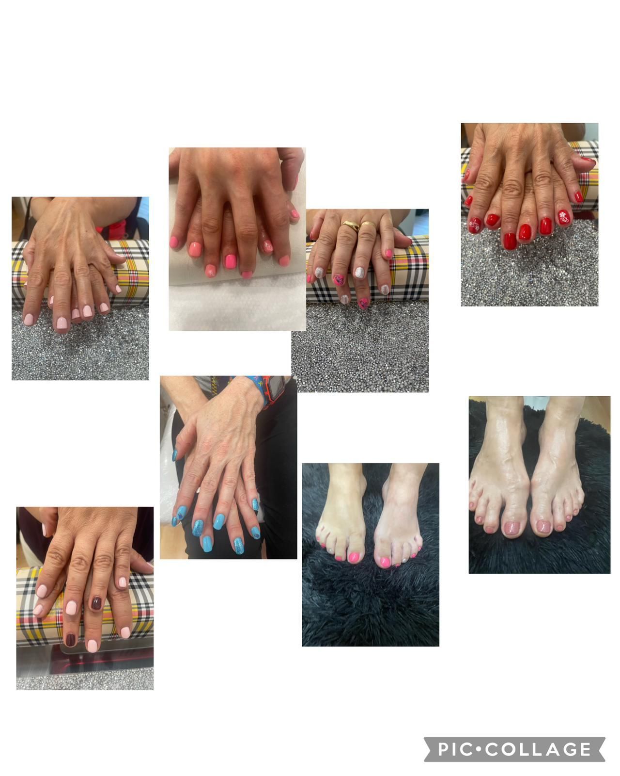 Un collage de fotografías de uñas y pies de una mujer.