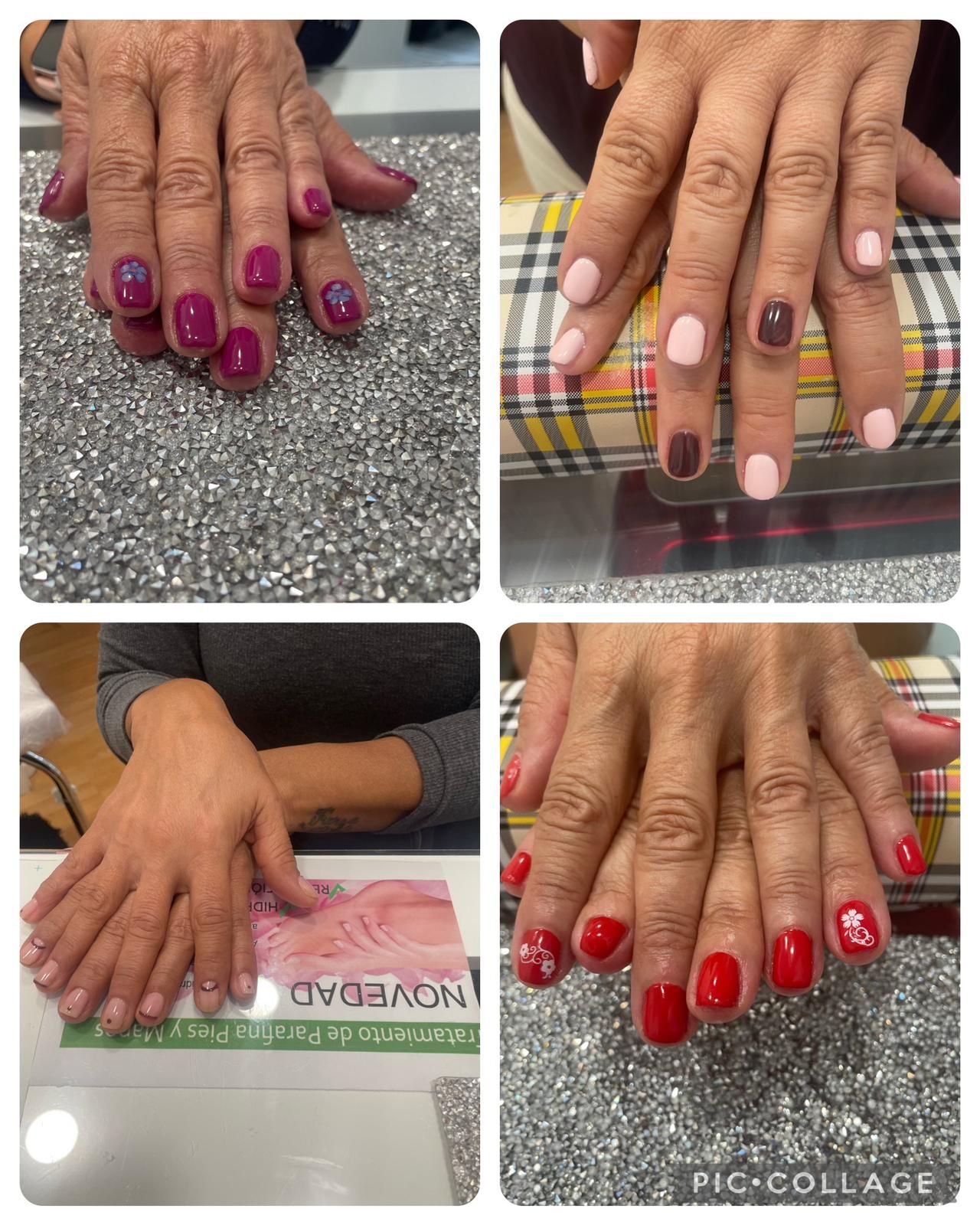 Un collage de cuatro fotografías de las uñas de una mujer.