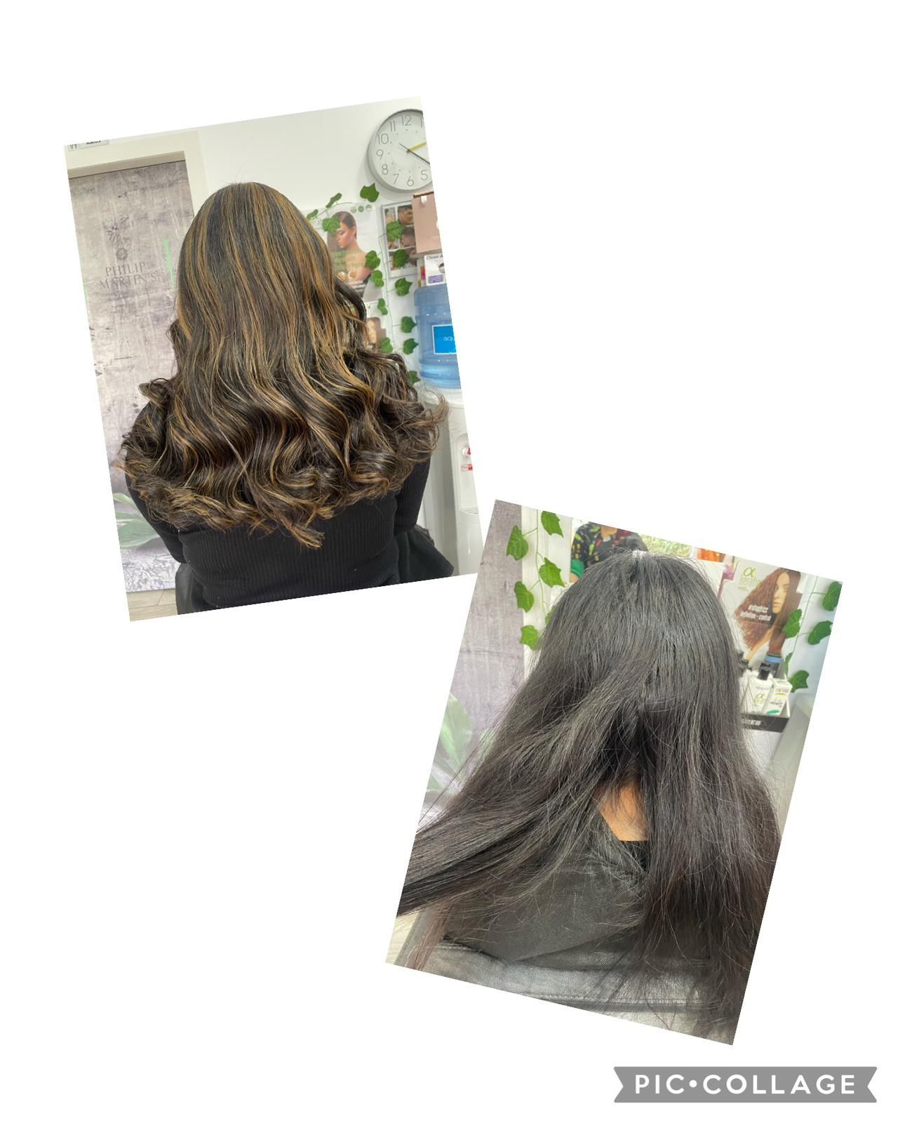 Dos fotografías del cabello de una mujer antes y después de un corte de pelo.