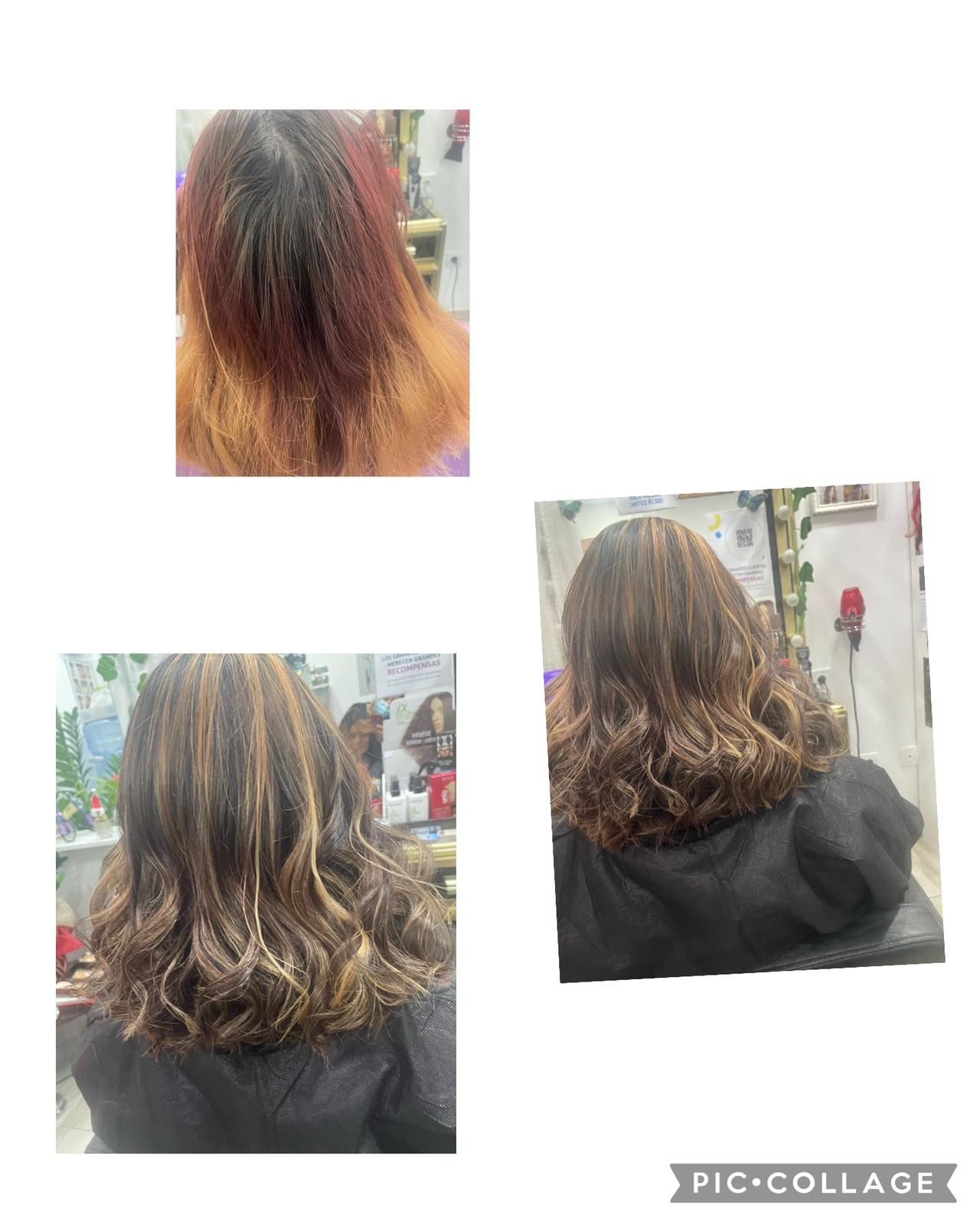 Un collage de tres fotografías del cabello de una mujer antes y después de un corte de pelo.