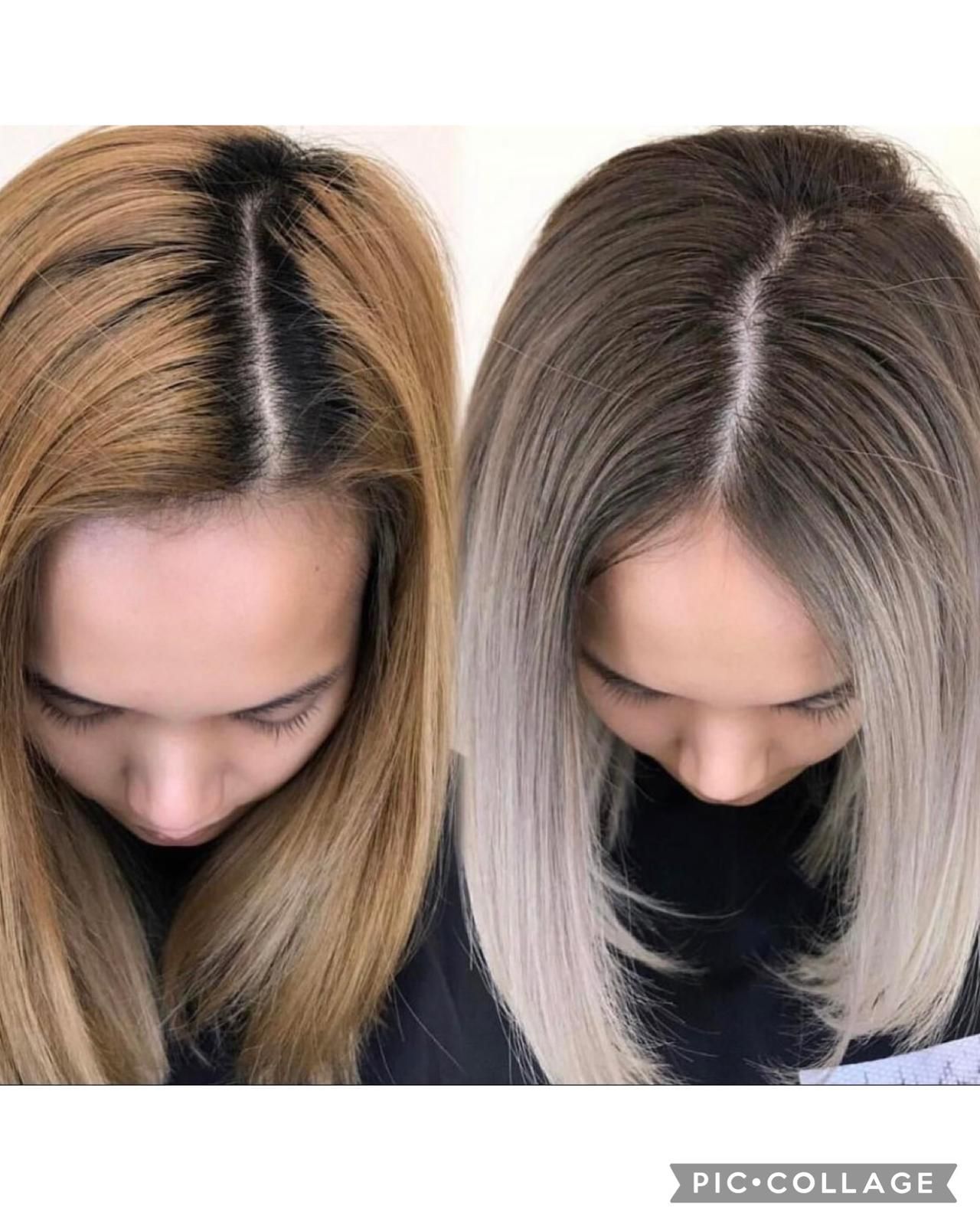 Una fotografía de antes y después de dos mujeres con diferentes colores de cabello.