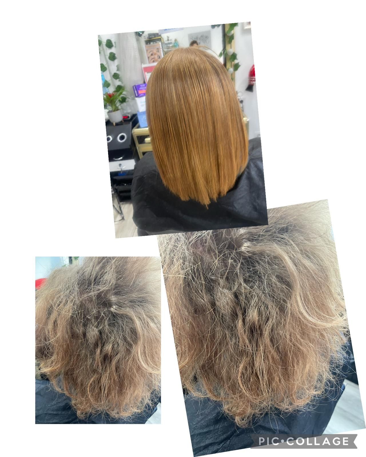 Un collage de tres fotografías del cabello de una mujer antes y después de un corte de pelo.