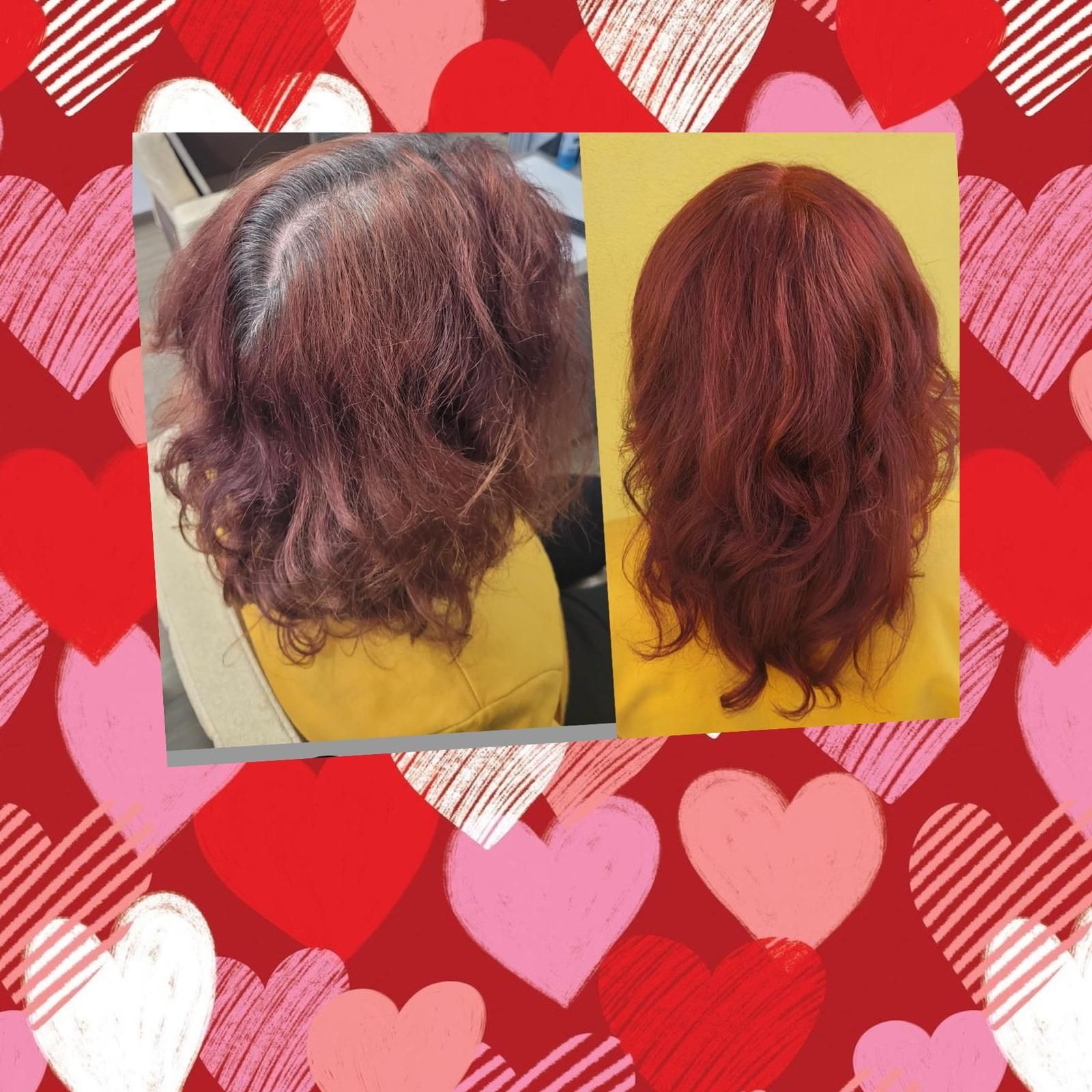 Una foto de antes y después del cabello de una mujer con corazones en el fondo.