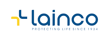 Un logotipo azul y amarillo para Lainco protegiendo la vida desde 1934