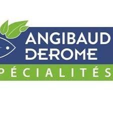 El logotipo de Angibaud Derome es azul y verde con un pez y hojas.