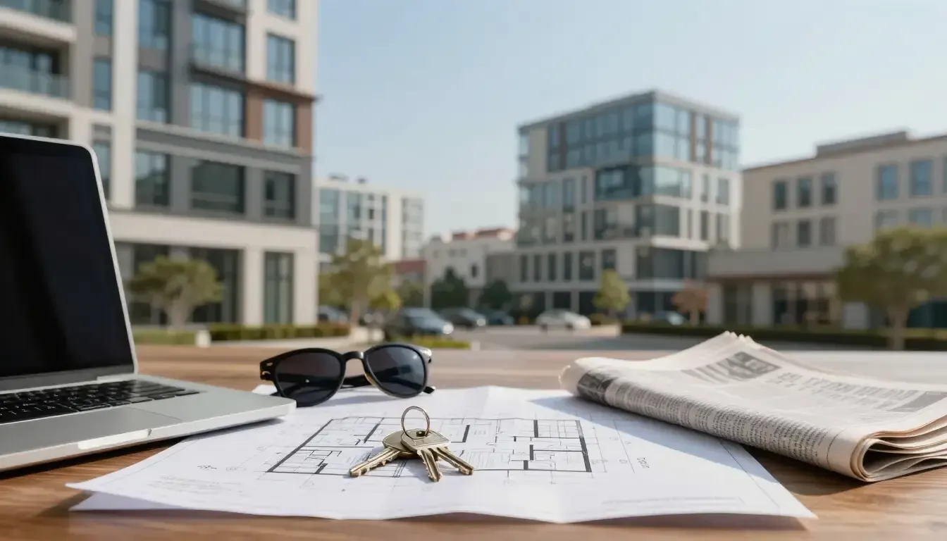 Ordenador portátil y llaves sobre planos arquitectónicos en un escritorio, con modernos edificios de apartamentos al fondo.