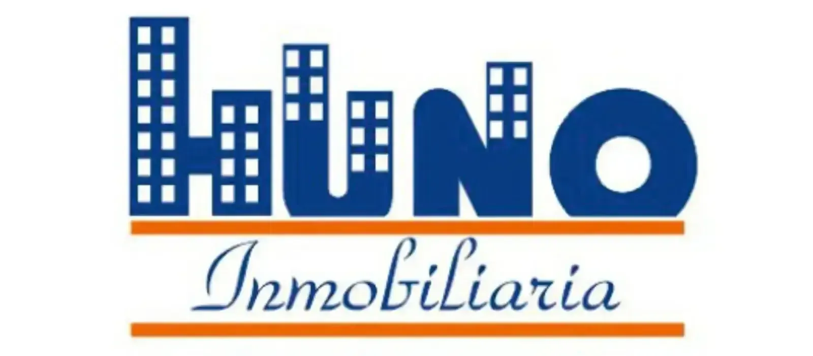Logo de HINO Inmobiliaria en azul y naranja, con edificios estilizados y texto cursivo debajo